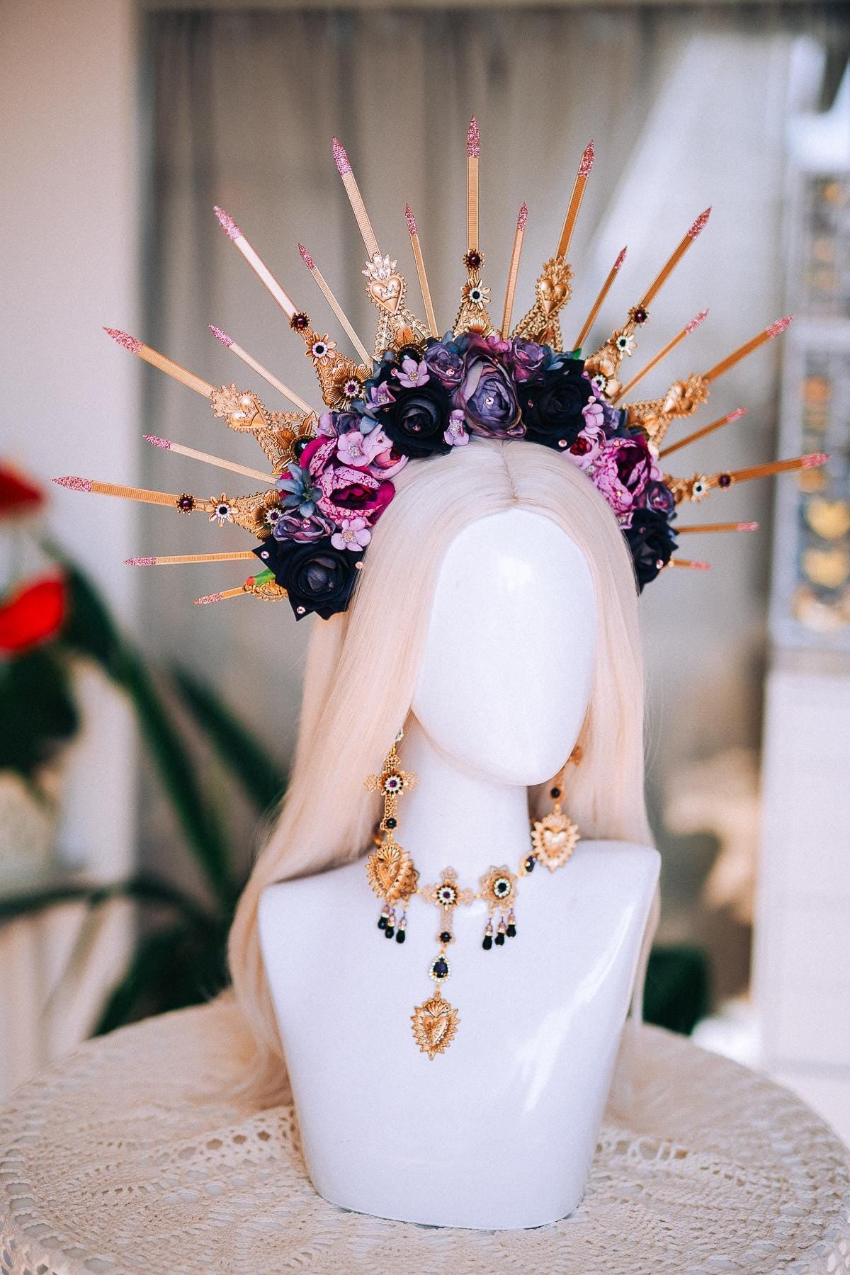 La Catrina Sacred Heart Choker, Día de los Muertos Necklace, Antique Gold Black Statement Jewelry, Catrina Necklace