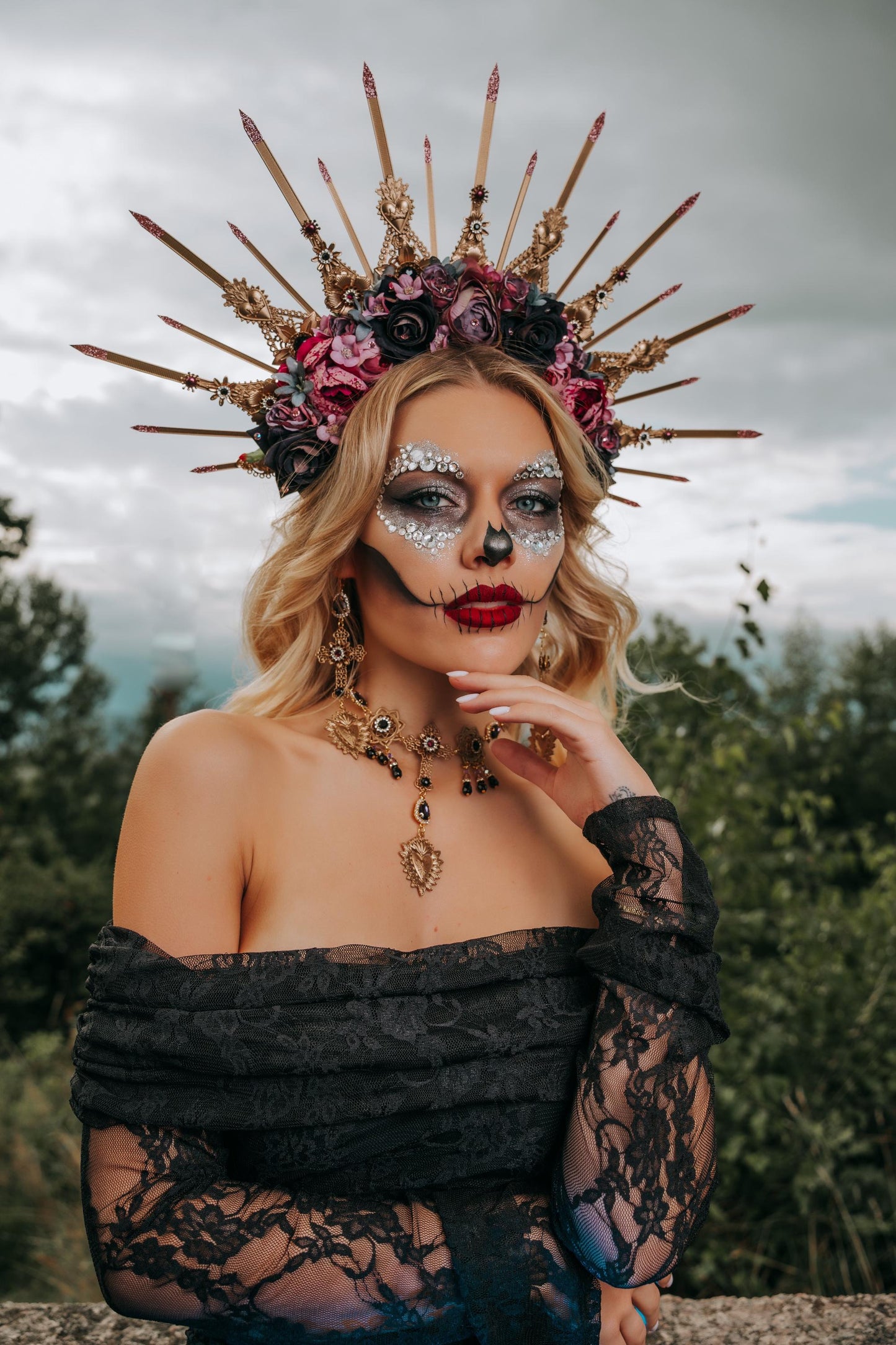 La Catrina Sacred Heart Choker, Día de los Muertos Necklace, Antique Gold Black Statement Jewelry, Catrina Necklace