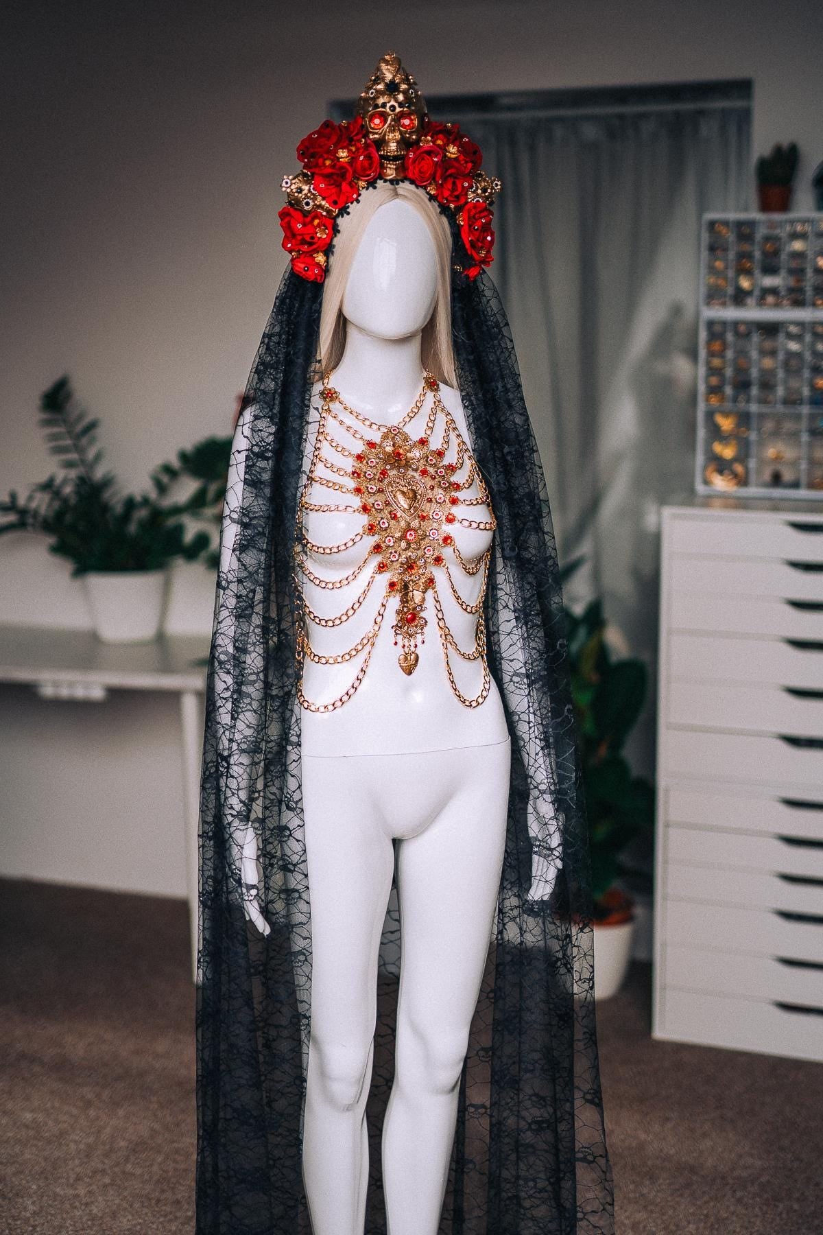 La Catrina Rib Cage Harness, Día de los Muertos Body Jewelry, Gold Sacred Heart Chest Piece, Catrina Body Harness