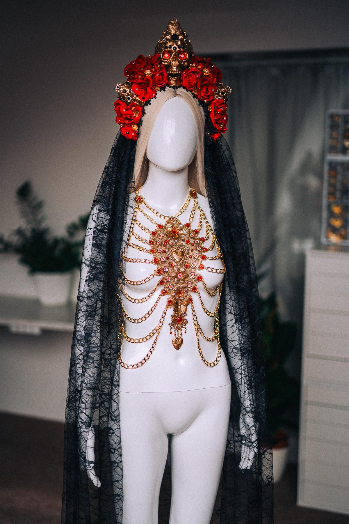 La Catrina Rib Cage Harness, Día de los Muertos Body Jewelry, Gold Sacred Heart Chest Piece, Catrina Body Harness