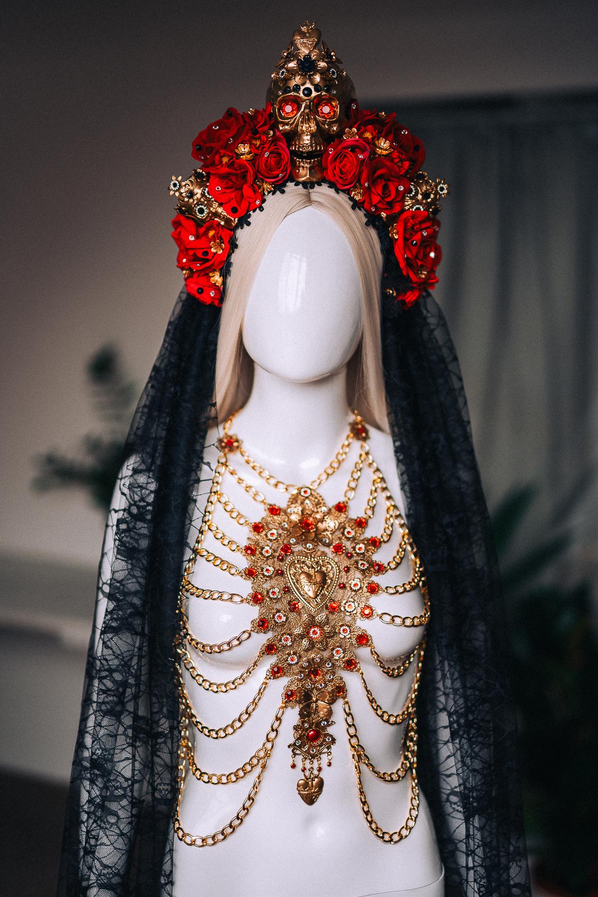 La Catrina Rib Cage Harness, Día de los Muertos Body Jewelry, Gold Sacred Heart Chest Piece, Catrina Body Harness
