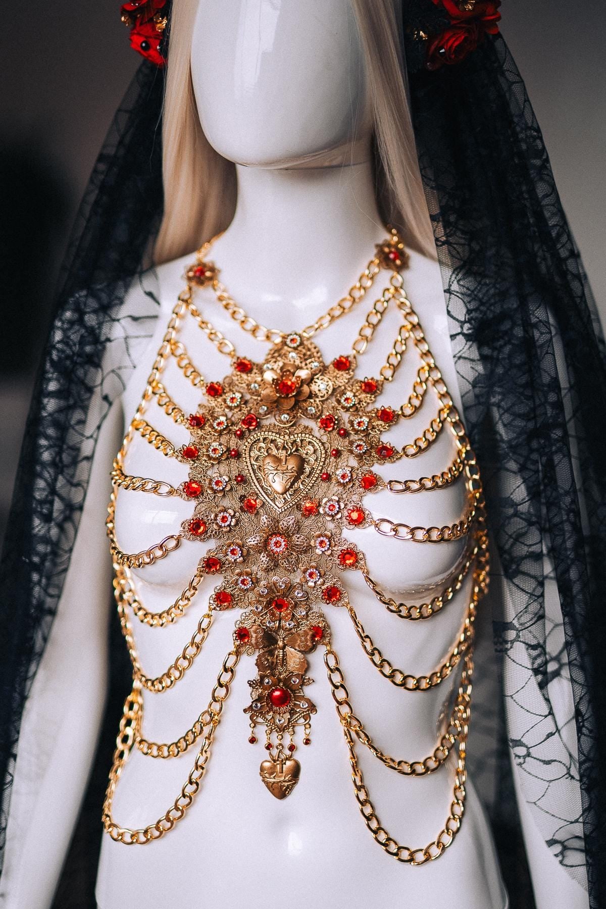 La Catrina Rib Cage Harness, Día de los Muertos Body Jewelry, Gold Sacred Heart Chest Piece, Catrina Body Harness