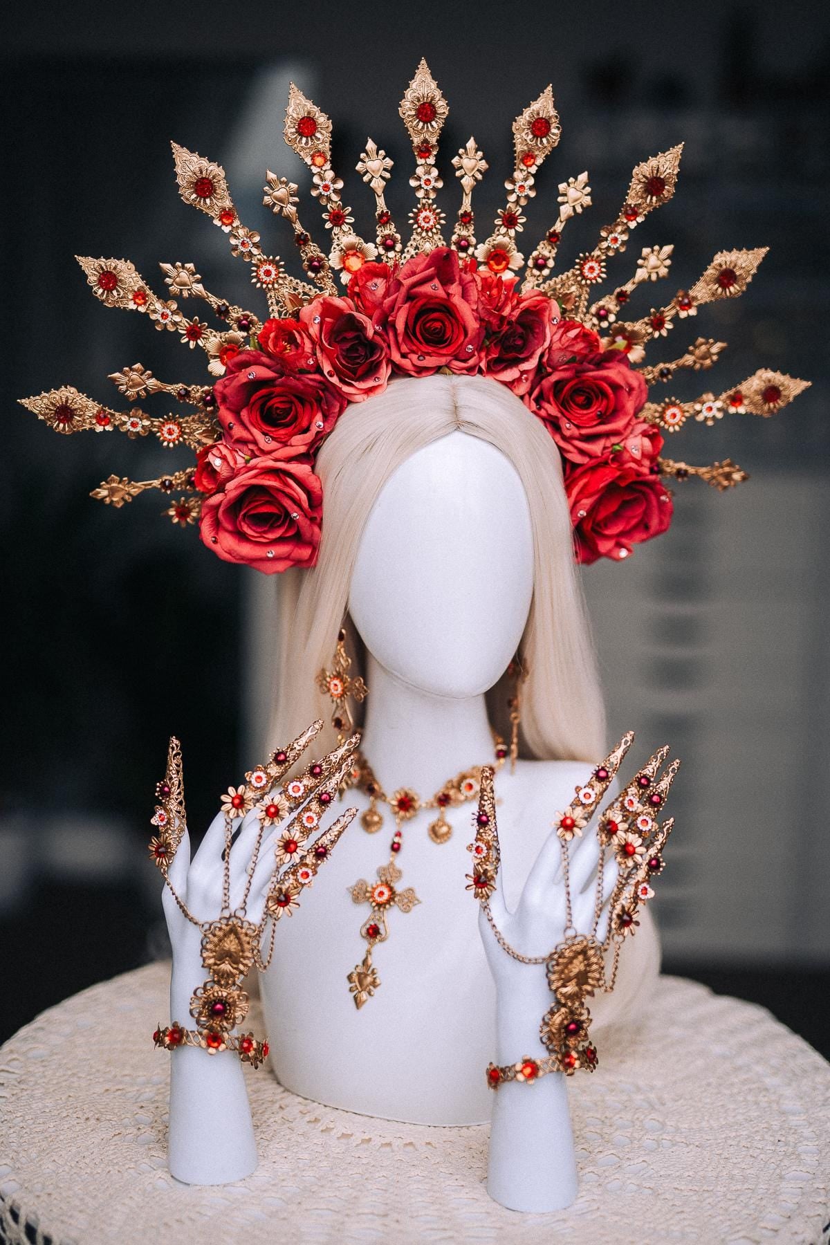 La Catrina Sacred Heart Earrings, Día de los Muertos Jewelry, Red Crystal Gold Earrings, Statement Catrina Jewelry