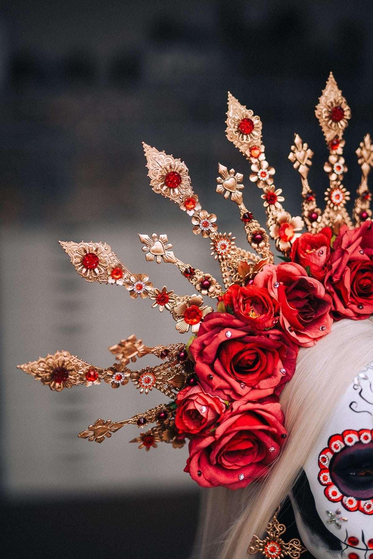 La Catrina Sacred Heart Earrings, Día de los Muertos Jewelry, Red Crystal Gold Earrings, Statement Catrina Jewelry