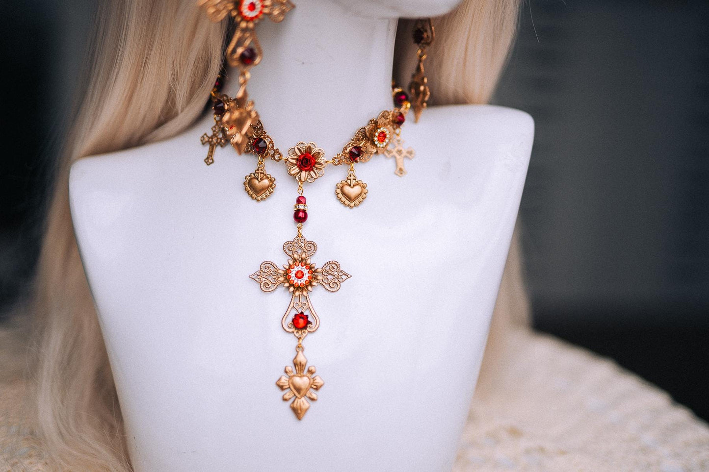La Catrina Sacred Heart Earrings, Día de los Muertos Jewelry, Red Crystal Gold Earrings, Statement Catrina Jewelry