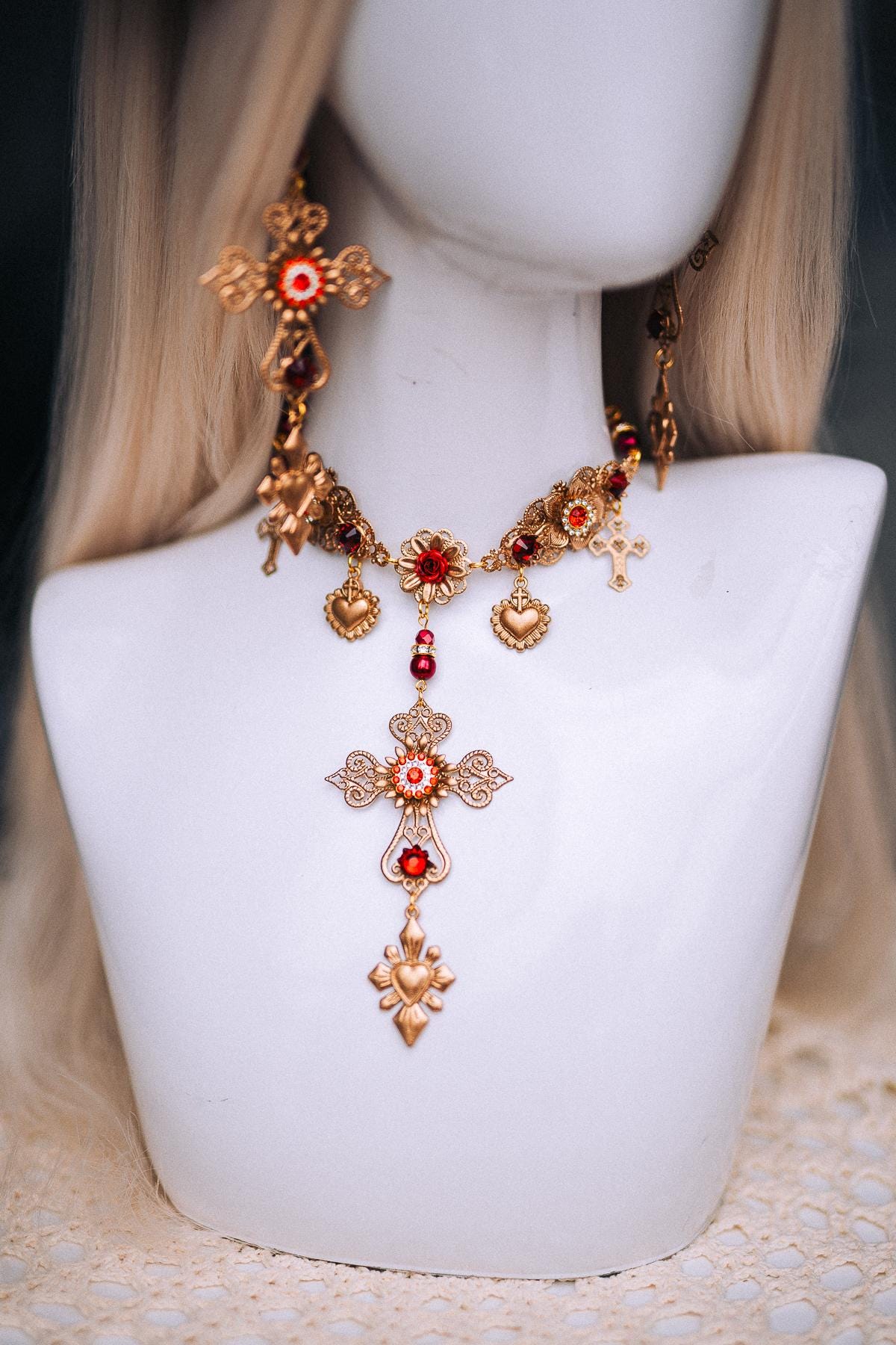 La Catrina Sacred Heart Earrings, Día de los Muertos Jewelry, Red Crystal Gold Earrings, Statement Catrina Jewelry