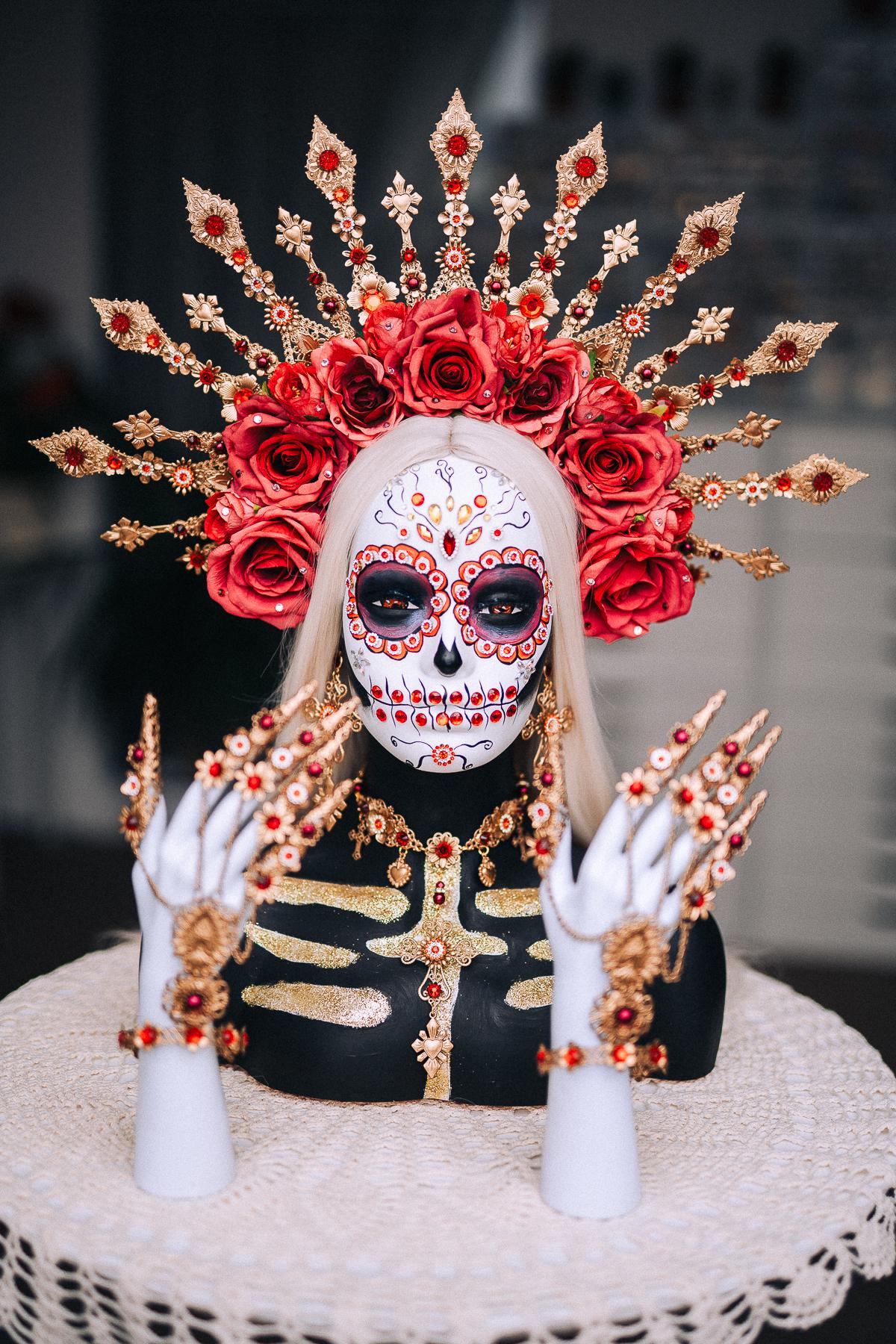 La Catrina Necklace, Día de los Muertos Jewelry, Sacred Heart Necklace, Red Crystal Gold Statement Jewelry