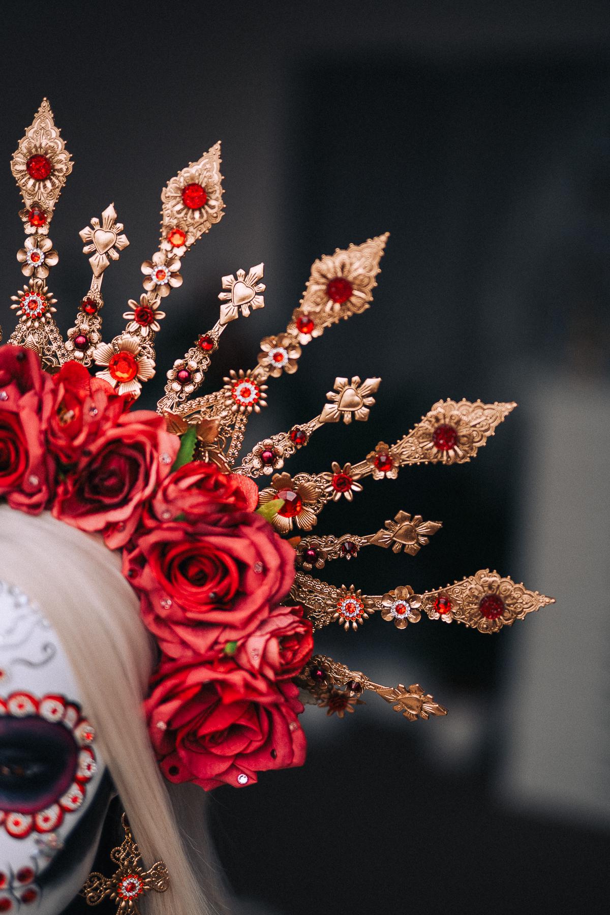 La Catrina Necklace, Día de los Muertos Jewelry, Sacred Heart Necklace, Red Crystal Gold Statement Jewelry
