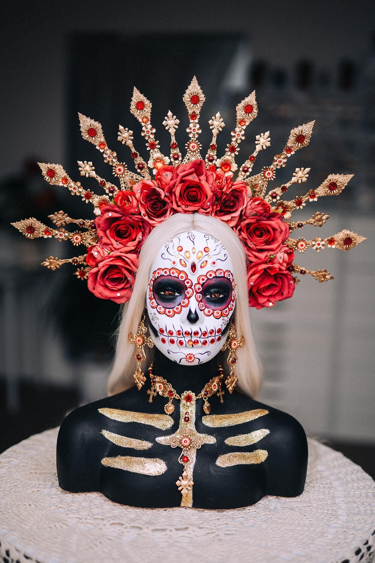 La Catrina Necklace, Día de los Muertos Jewelry, Sacred Heart Necklace, Red Crystal Gold Statement Jewelry