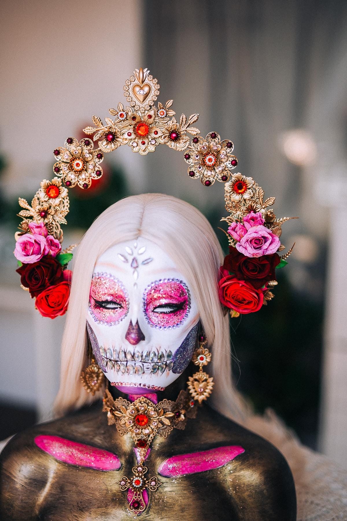 La Catrina Sacred Heart Earrings, Día de los Muertos Jewelry, Antique Gold Earrings, Red Crystal Statement Earrings