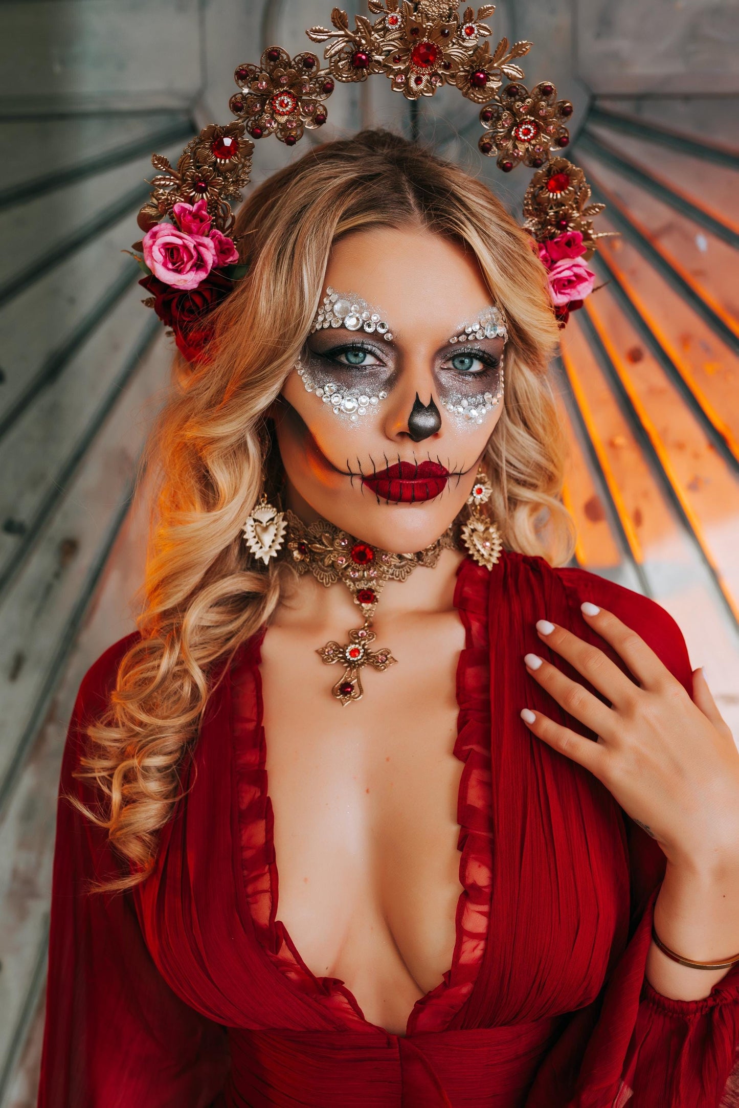 La Catrina Necklace, Día de los Muertos Jewelry, Sacred Heart Choker Necklace, Antique Gold Red Crystal Statement Jewelry