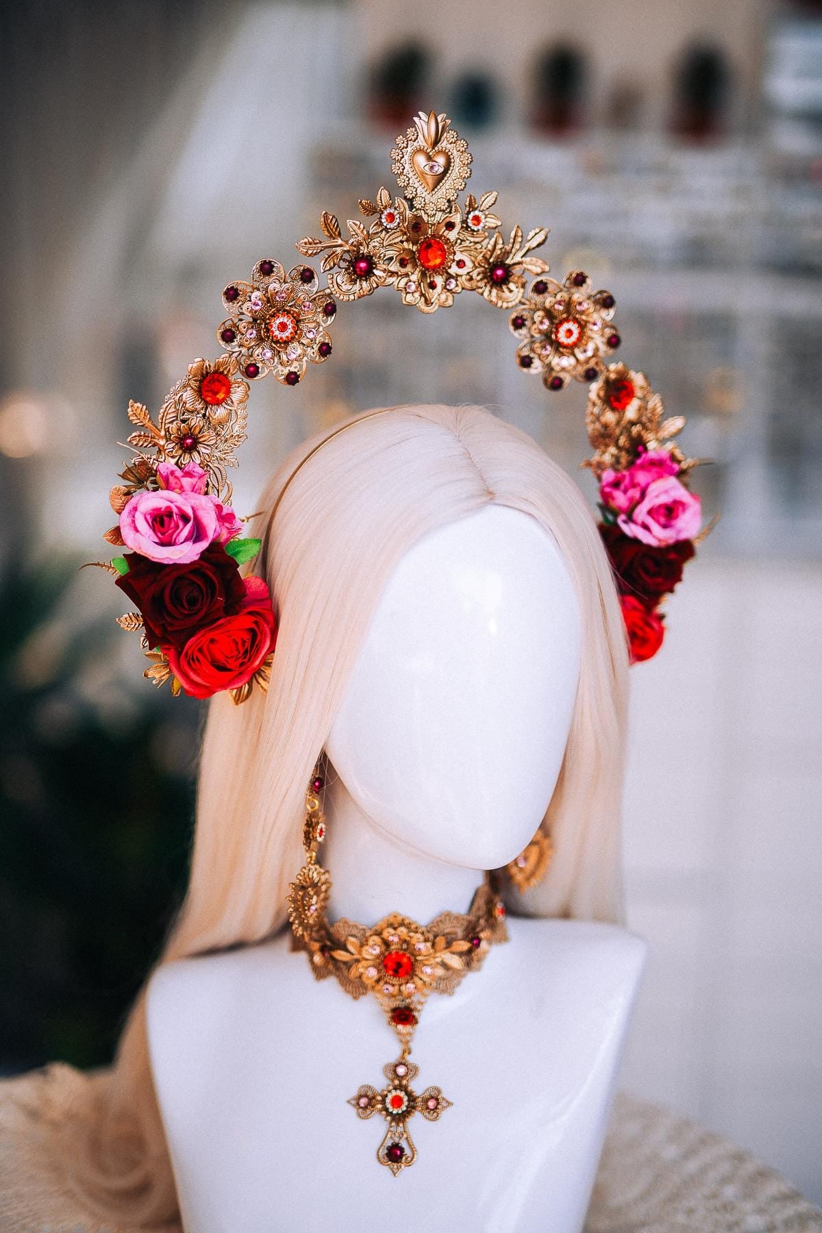 La Catrina Necklace, Día de los Muertos Jewelry, Sacred Heart Choker Necklace, Antique Gold Red Crystal Statement Jewelry