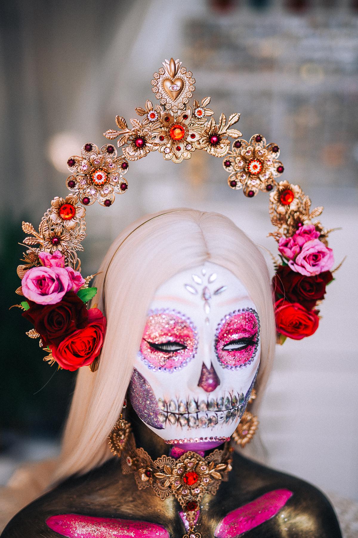 La Catrina Necklace, Día de los Muertos Jewelry, Sacred Heart Choker Necklace, Antique Gold Red Crystal Statement Jewelry