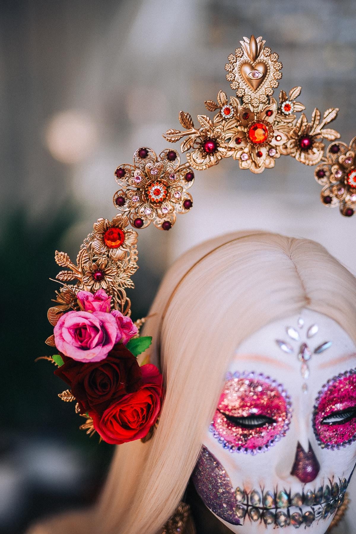 La Catrina Necklace, Día de los Muertos Jewelry, Sacred Heart Choker Necklace, Antique Gold Red Crystal Statement Jewelry