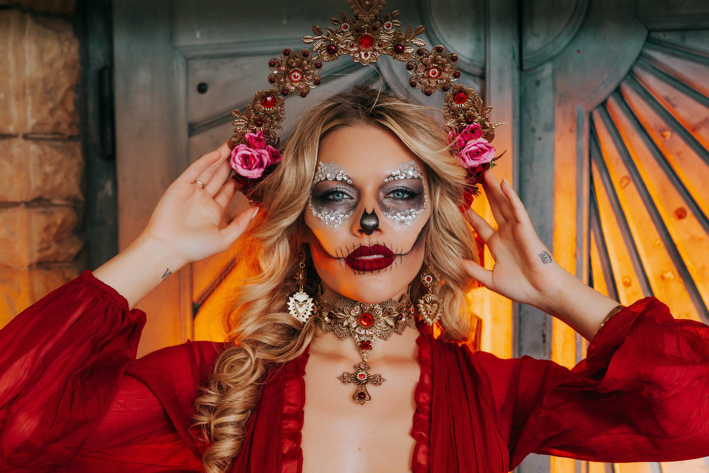 La Catrina Halo Crown, Día de los Muertos Headpiece, Antique Gold Sacred Heart Crown, Red Crystal Floral Halo