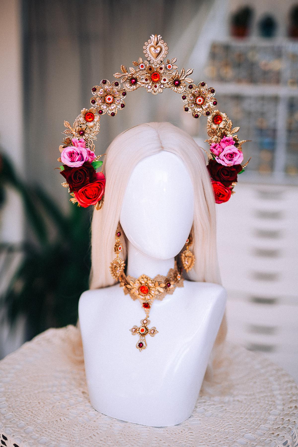 La Catrina Halo Crown, Día de los Muertos Headpiece, Antique Gold Sacred Heart Crown, Red Crystal Floral Halo