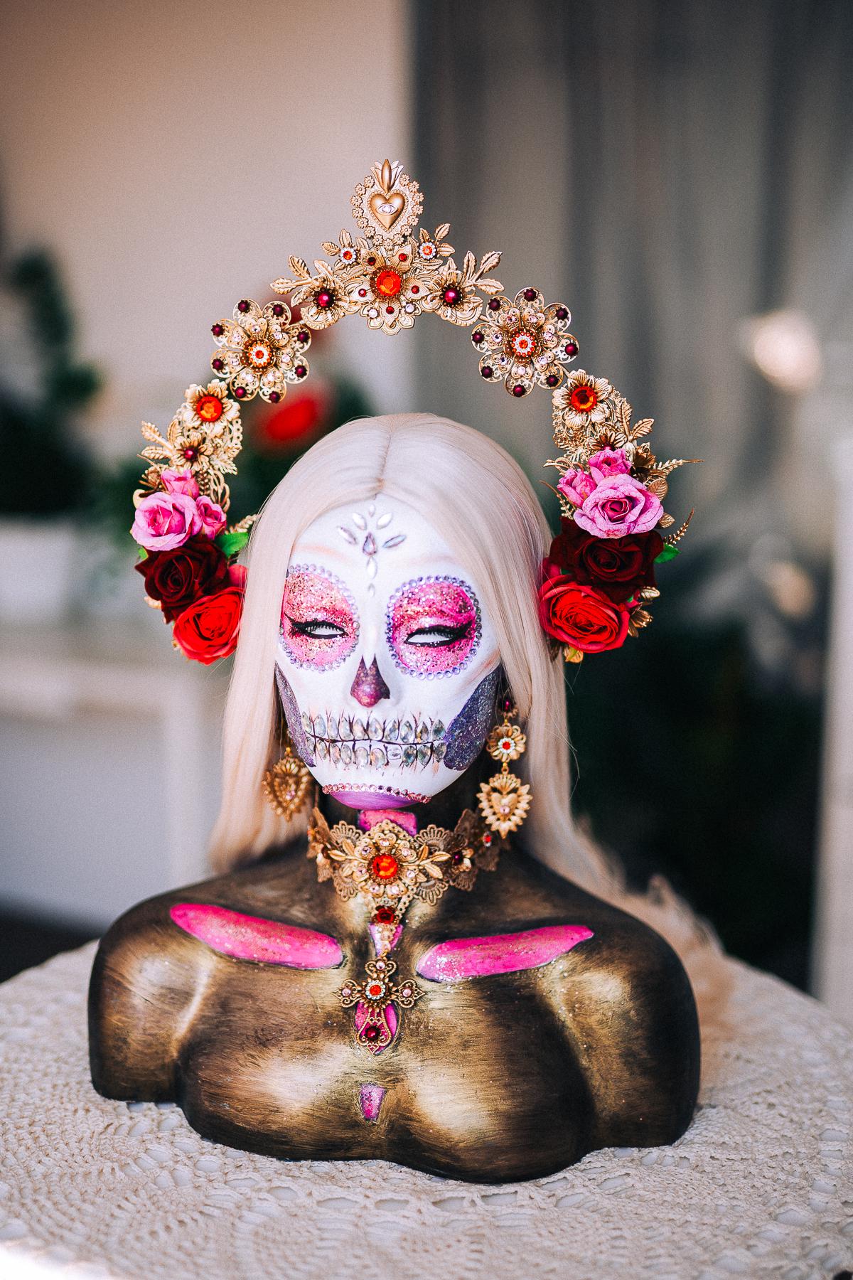 La Catrina Halo Crown, Día de los Muertos Headpiece, Antique Gold Sacred Heart Crown, Red Crystal Floral Halo