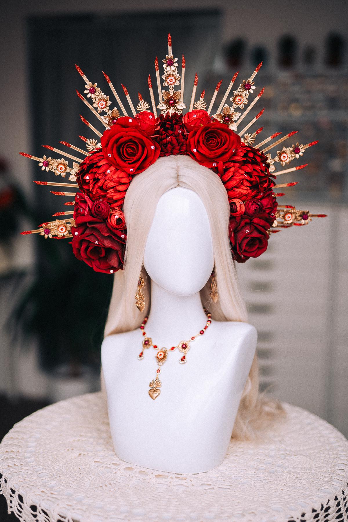 La Catrina Sacred Heart Earrings, Día de los Muertos Jewelry, Antique Gold Red Crystal Earrings, Catrina Statement Jewelry