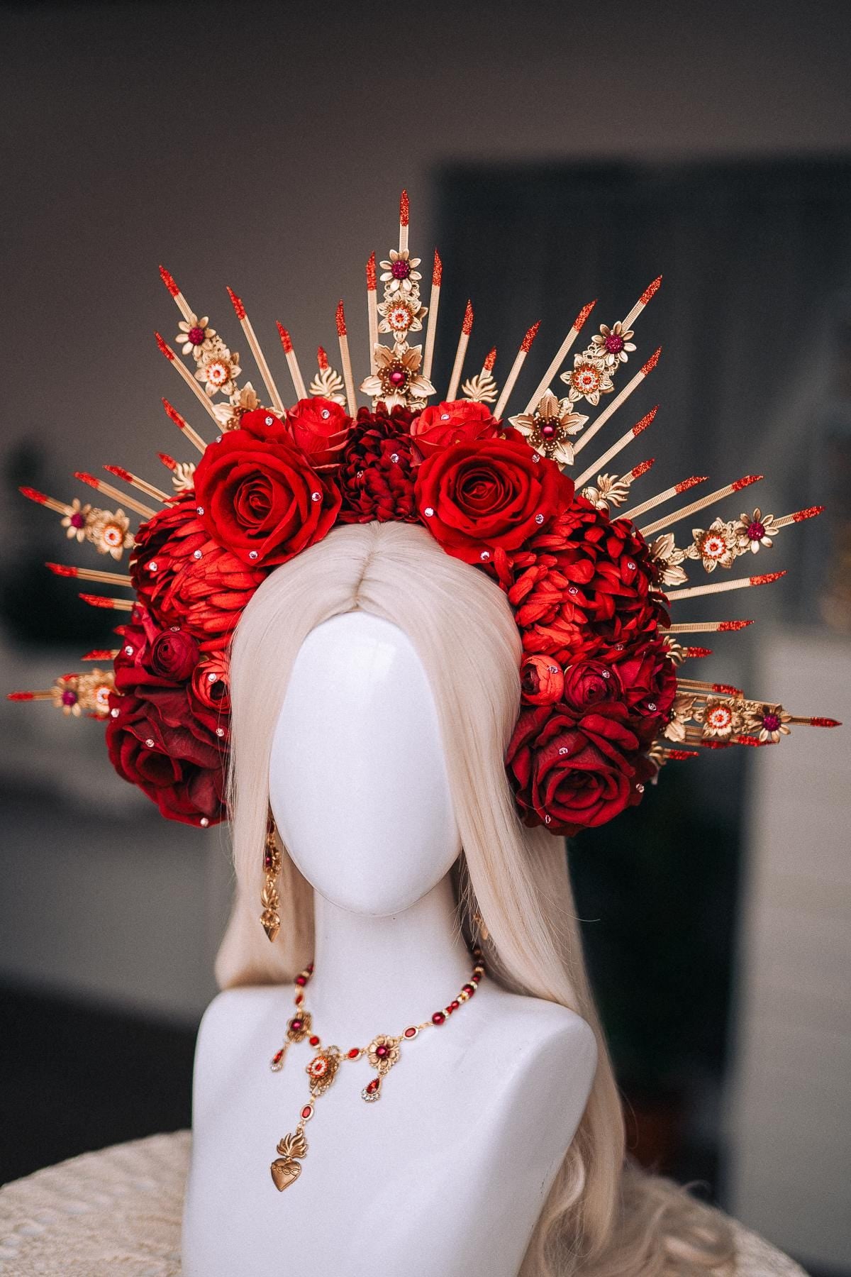 La Catrina Sacred Heart Earrings, Día de los Muertos Jewelry, Antique Gold Red Crystal Earrings, Catrina Statement Jewelry