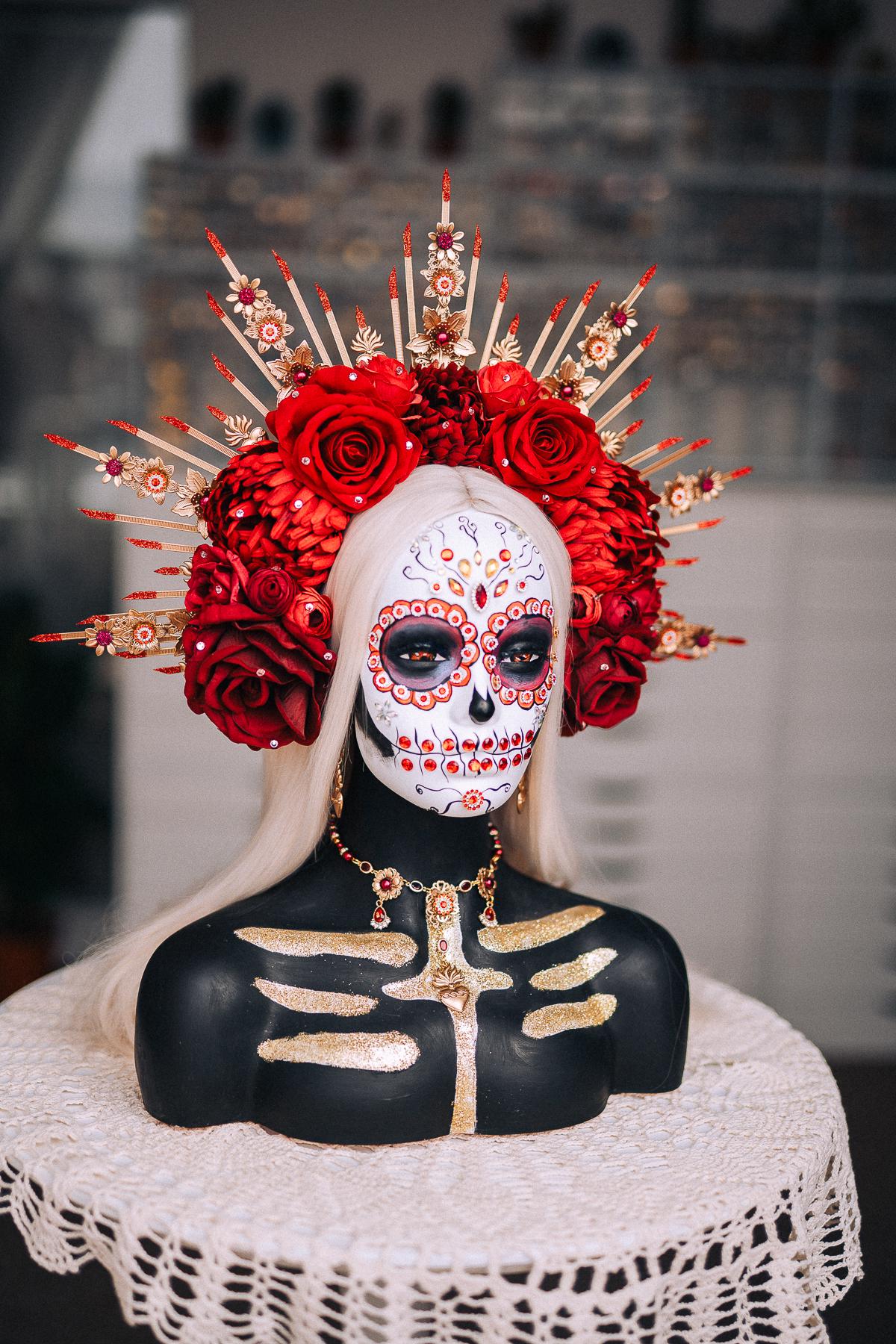 La Catrina Sacred Heart Earrings, Día de los Muertos Jewelry, Antique Gold Red Crystal Earrings, Catrina Statement Jewelry