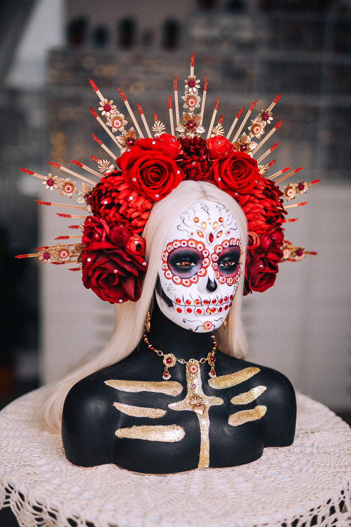 La Catrina Sacred Heart Earrings, Día de los Muertos Jewelry, Antique Gold Red Crystal Earrings, Catrina Statement Jewelry