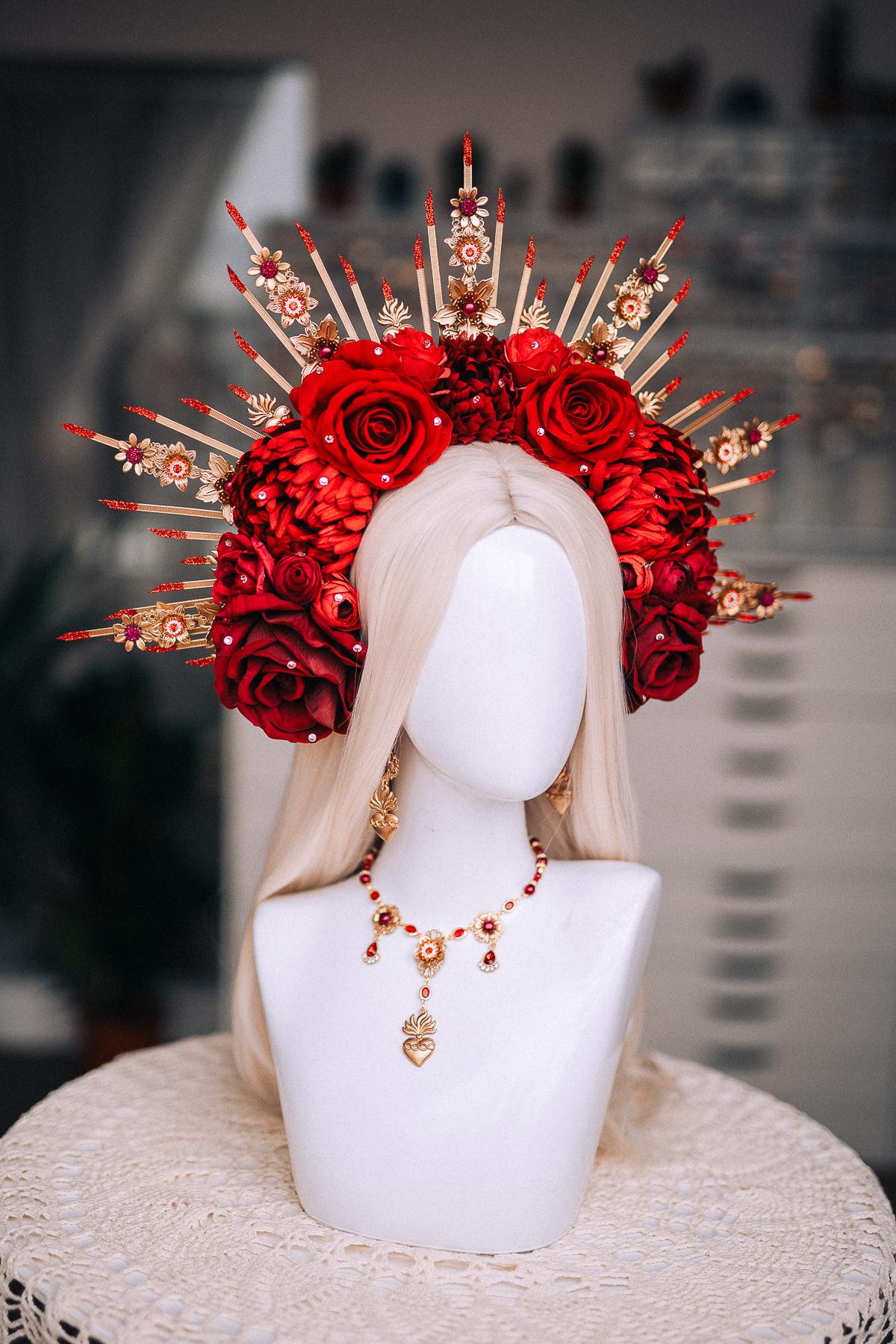 La Catrina Sacred Heart Necklace, Día de los Muertos Jewelry, Antique Gold Red Crystal Necklace, Catrina Statement Jewelry