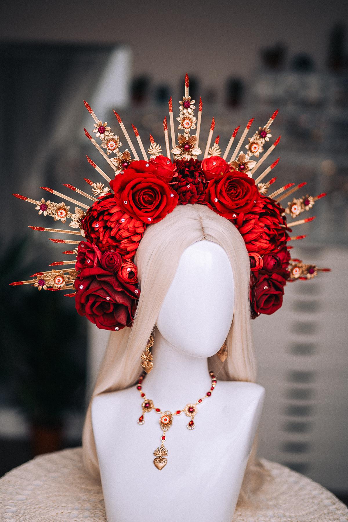 La Catrina Sacred Heart Necklace, Día de los Muertos Jewelry, Antique Gold Red Crystal Necklace, Catrina Statement Jewelry