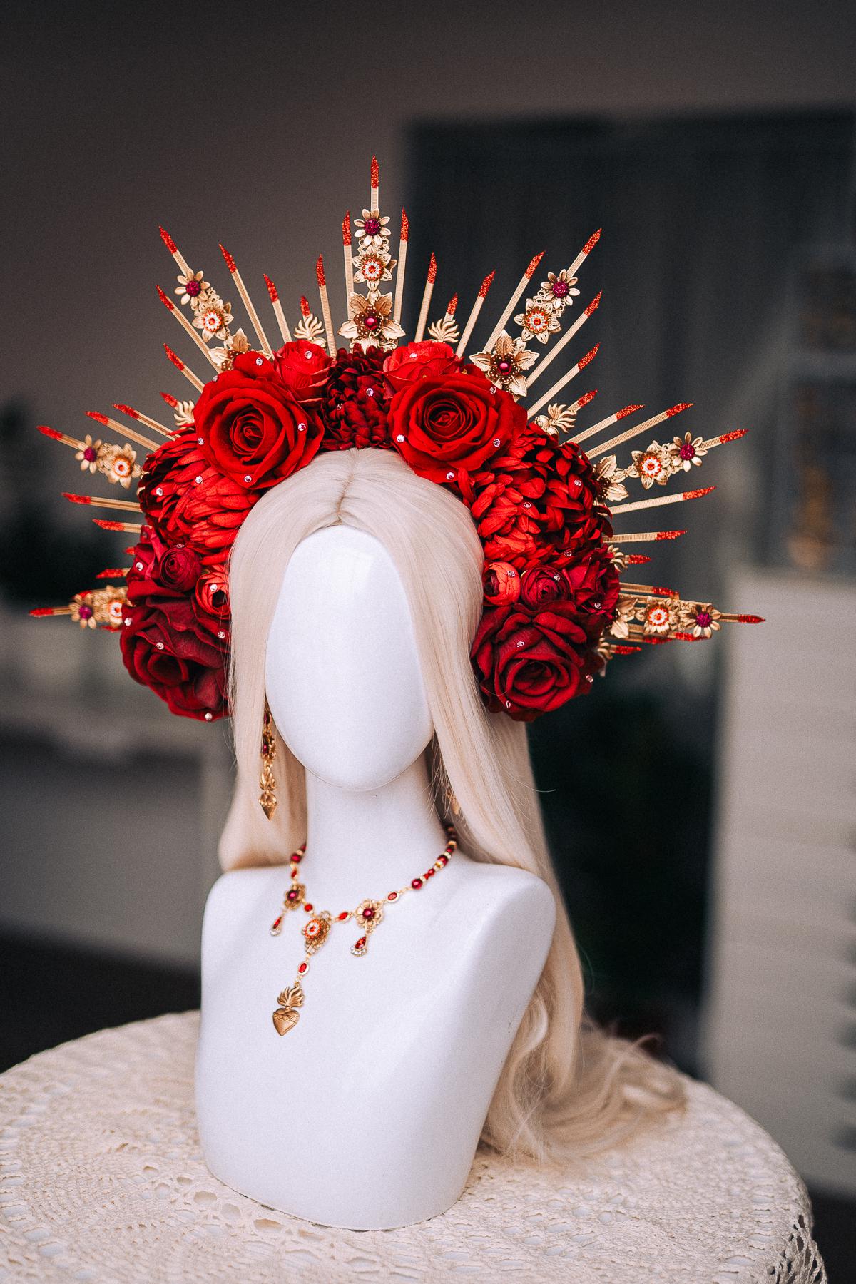 La Catrina Sacred Heart Necklace, Día de los Muertos Jewelry, Antique Gold Red Crystal Necklace, Catrina Statement Jewelry