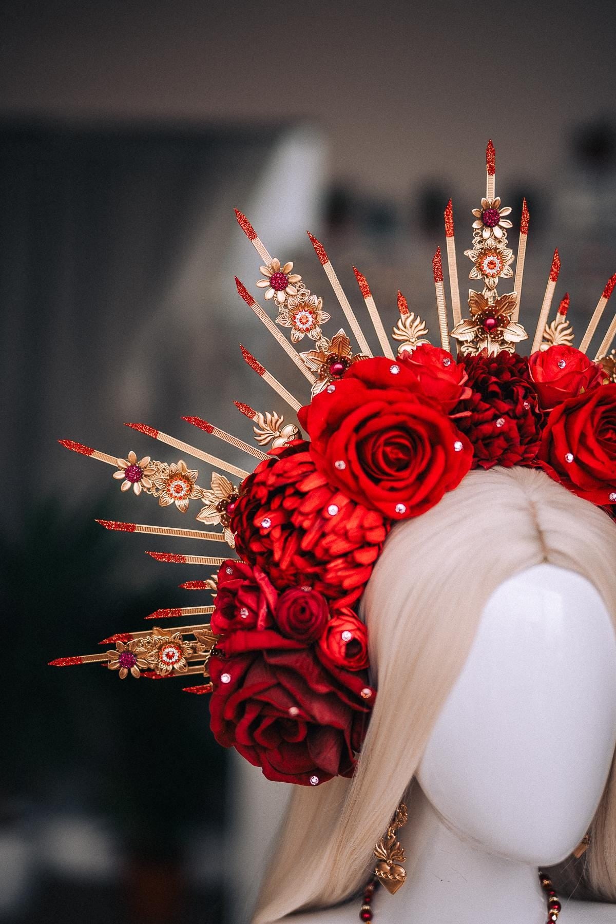 La Catrina Red Rose Crown, Día de los Muertos Headpiece, Antique Gold Floral Crown, Sacred Heart Catrina Headdress