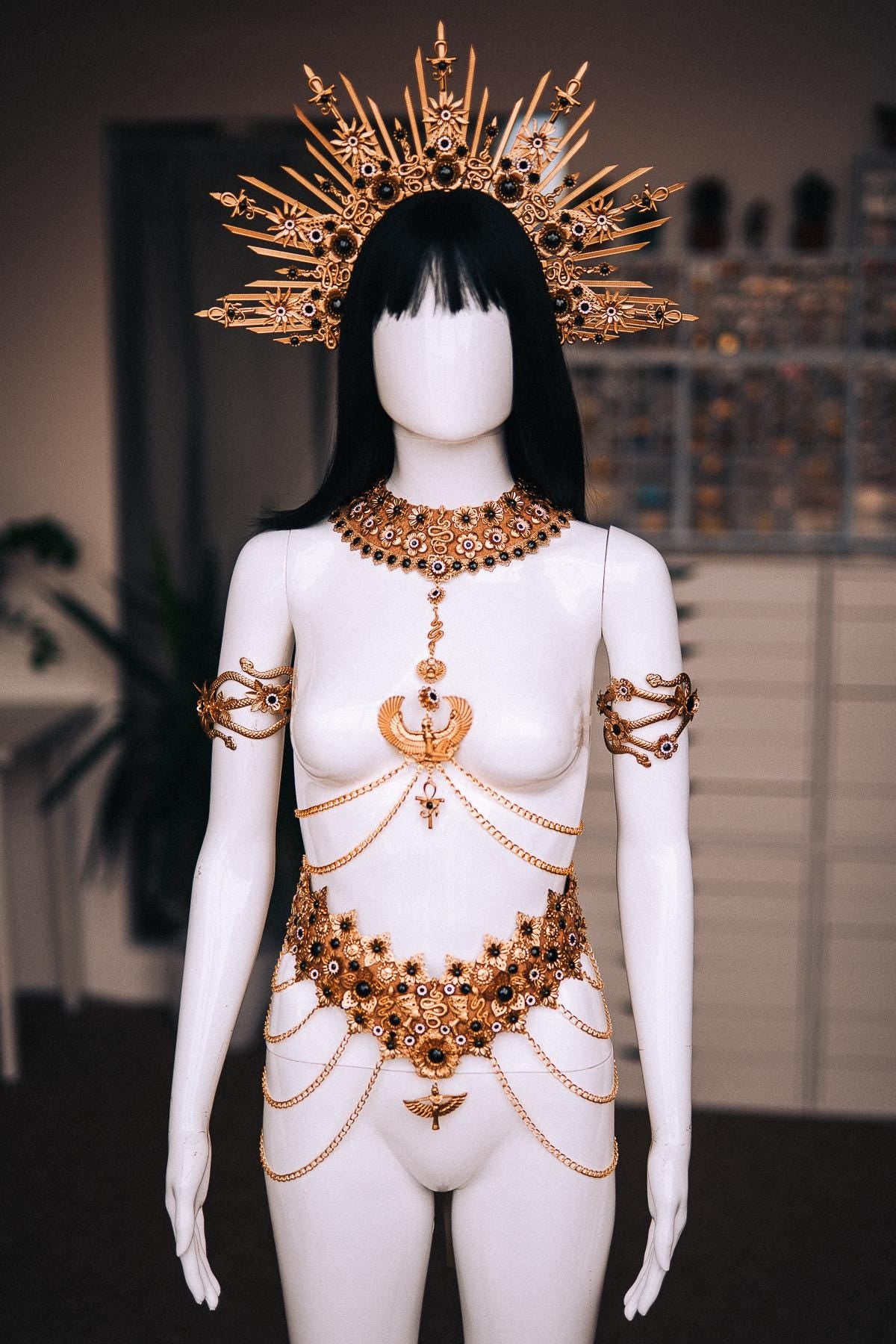 Cleopatra Body Harness Necklace, Egyptian Statement Collar, Gold Body Chain, Pharaoh Jewelry, Egyptian Queen Costume Jewelry