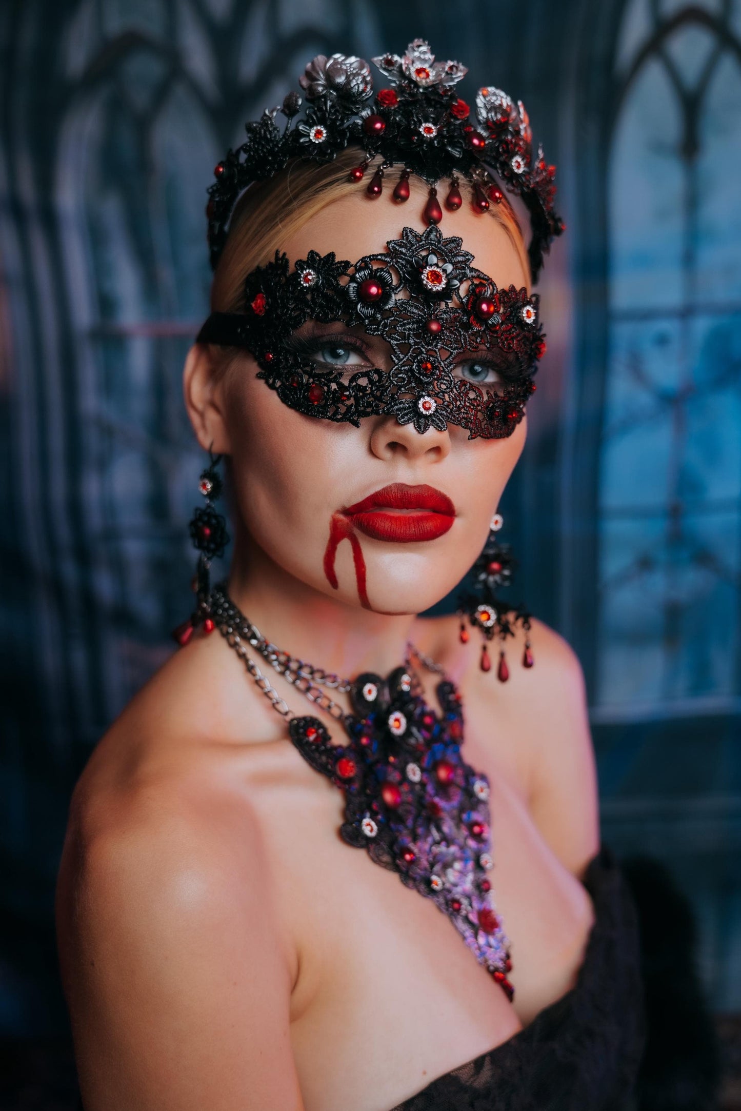 Vampire Earrings, Gothic Red and Black Earrings, Vampire Queen Jewelry, Halloween Costume Accessories