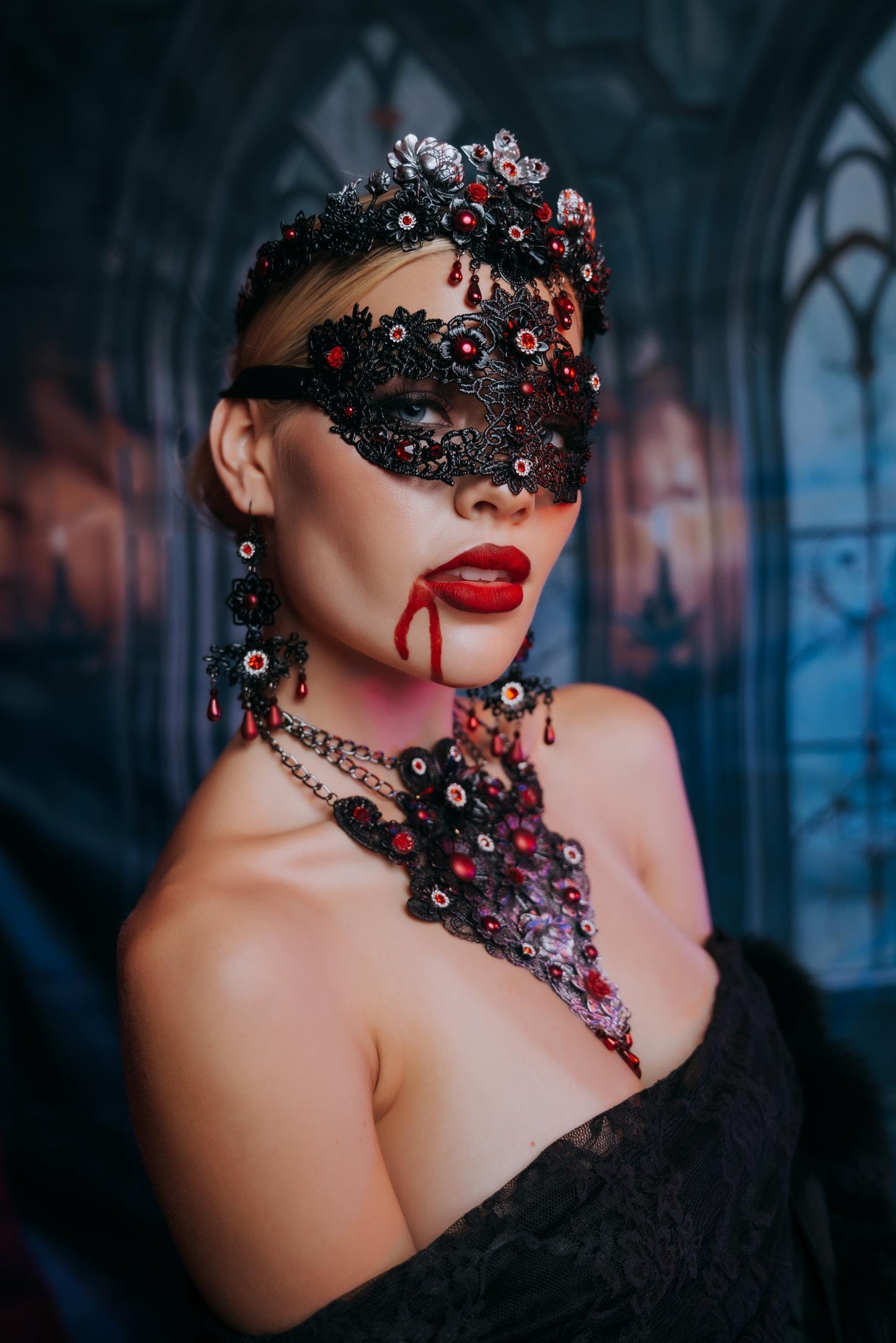 Vampire Earrings, Gothic Red and Black Earrings, Vampire Queen Jewelry, Halloween Costume Accessories