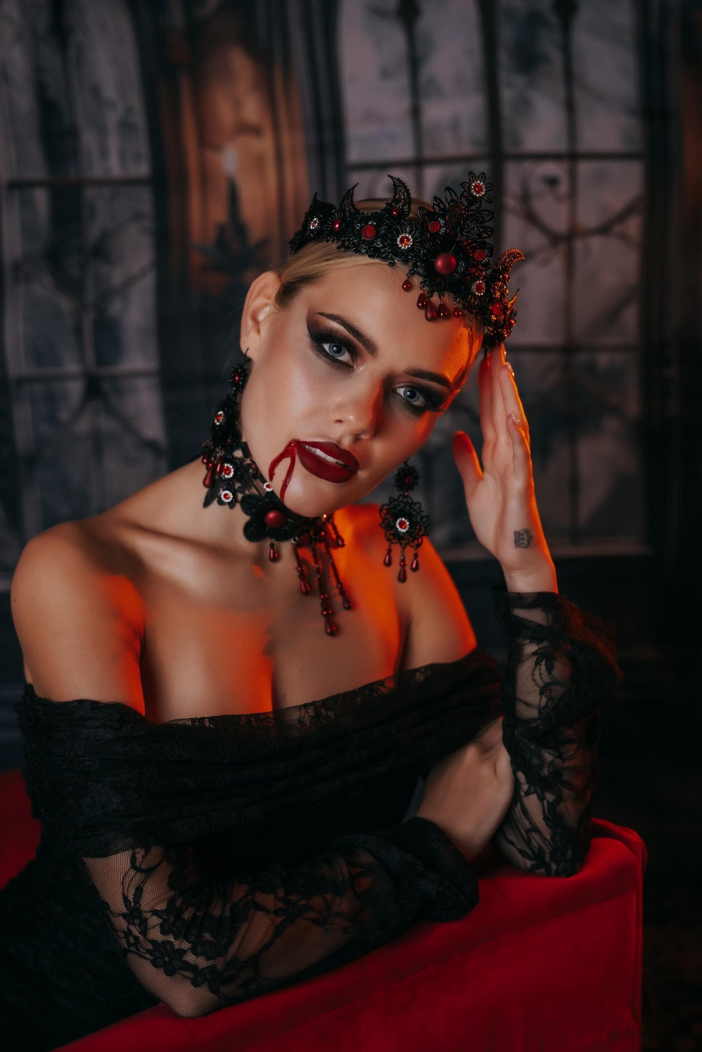 Vampire Earrings, Gothic Black and Red Earrings, Vampire Queen Jewelry, Halloween Costume Accessories