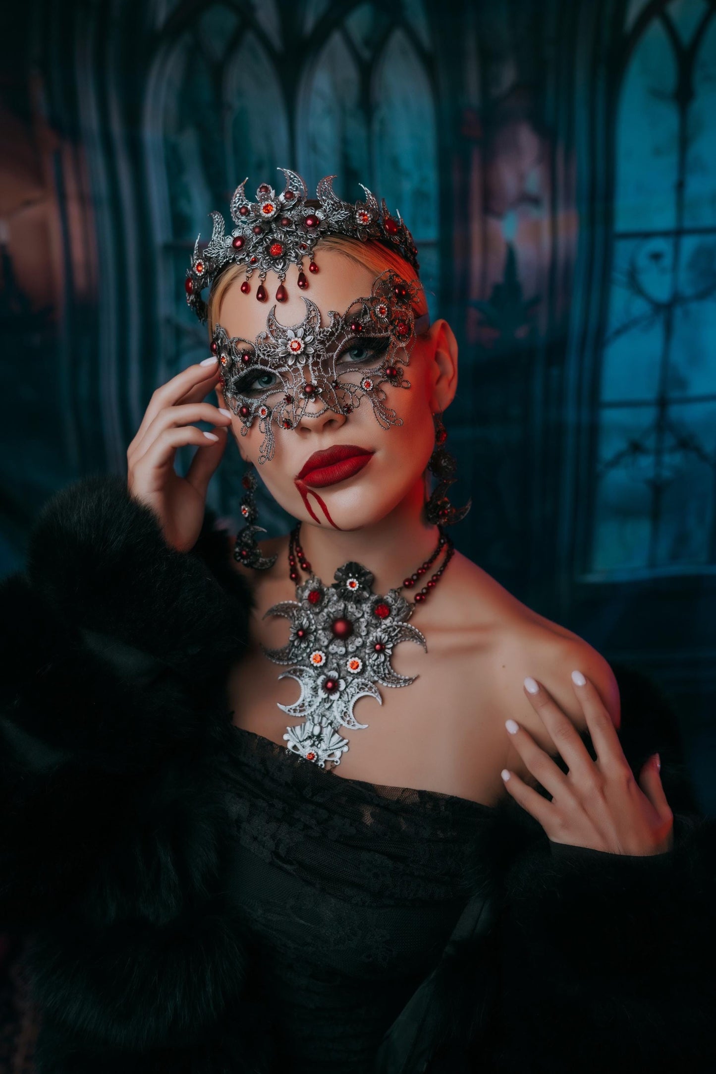Vampire Earrings, Gothic Crescent Moon Earrings, Red and Black Vampire Jewelry, Halloween Costume Accessories