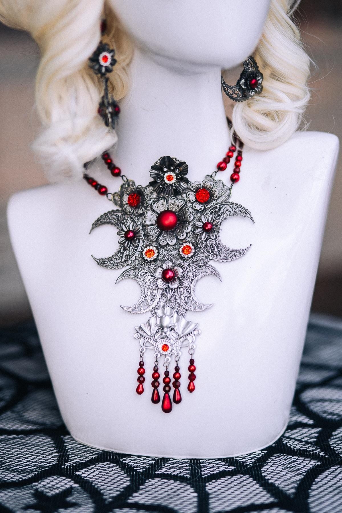 Vampire Earrings, Gothic Crescent Moon Earrings, Red and Black Vampire Jewelry, Halloween Costume Accessories