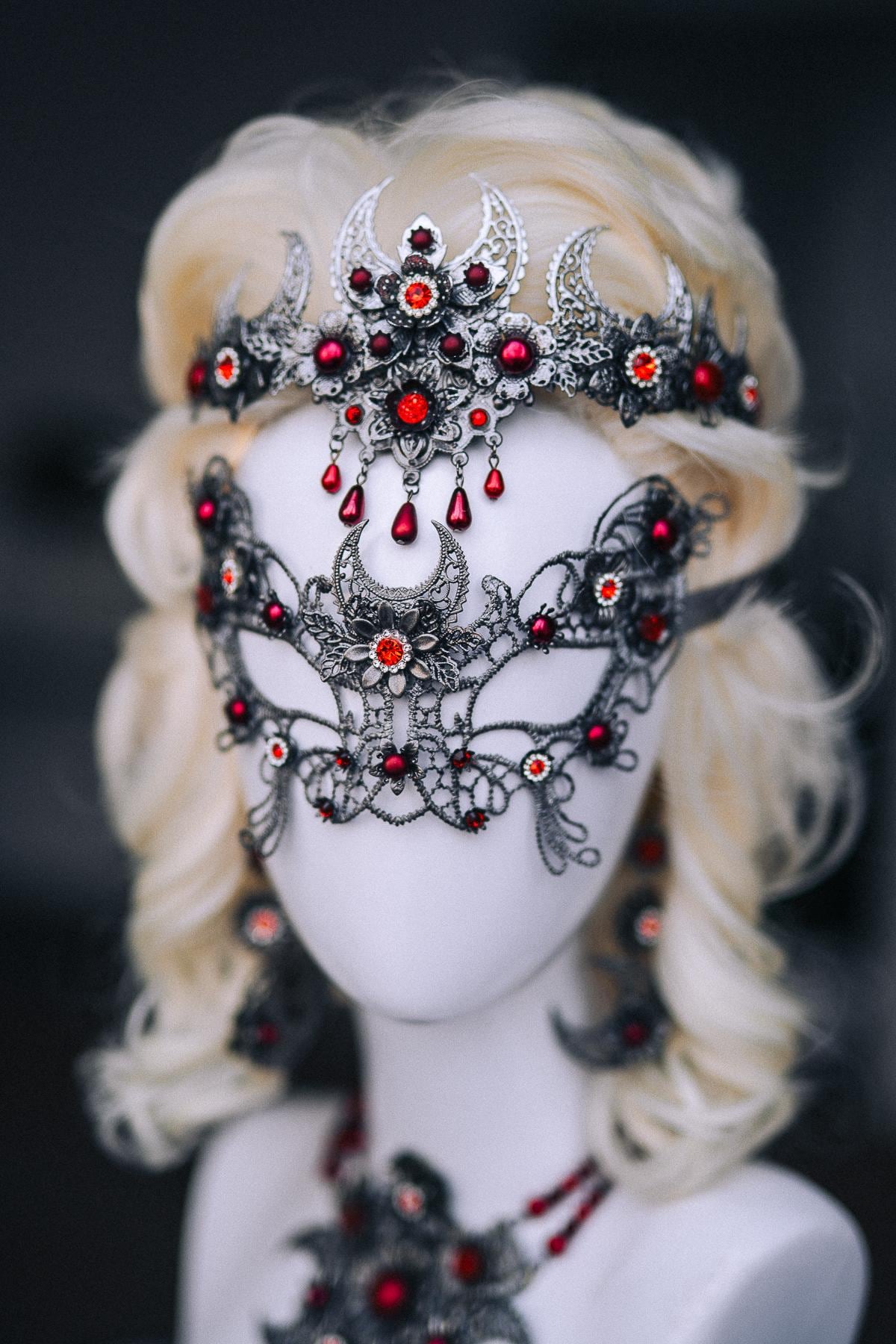 Vampire Necklace, Gothic Crescent Moon Statement Necklace, Red Vampire Jewelry, Halloween Costume Accessory