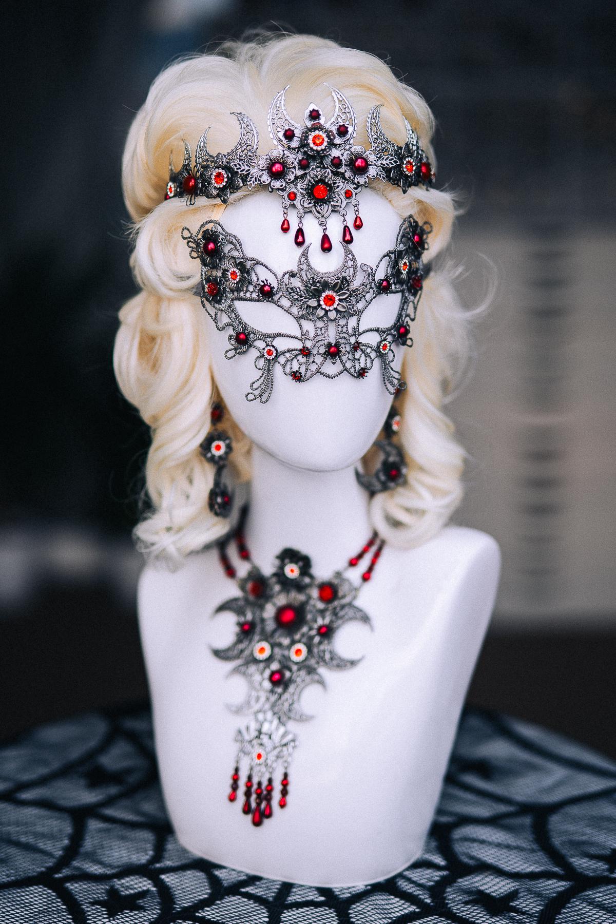 Vampire Necklace, Gothic Crescent Moon Statement Necklace, Red Vampire Jewelry, Halloween Costume Accessory