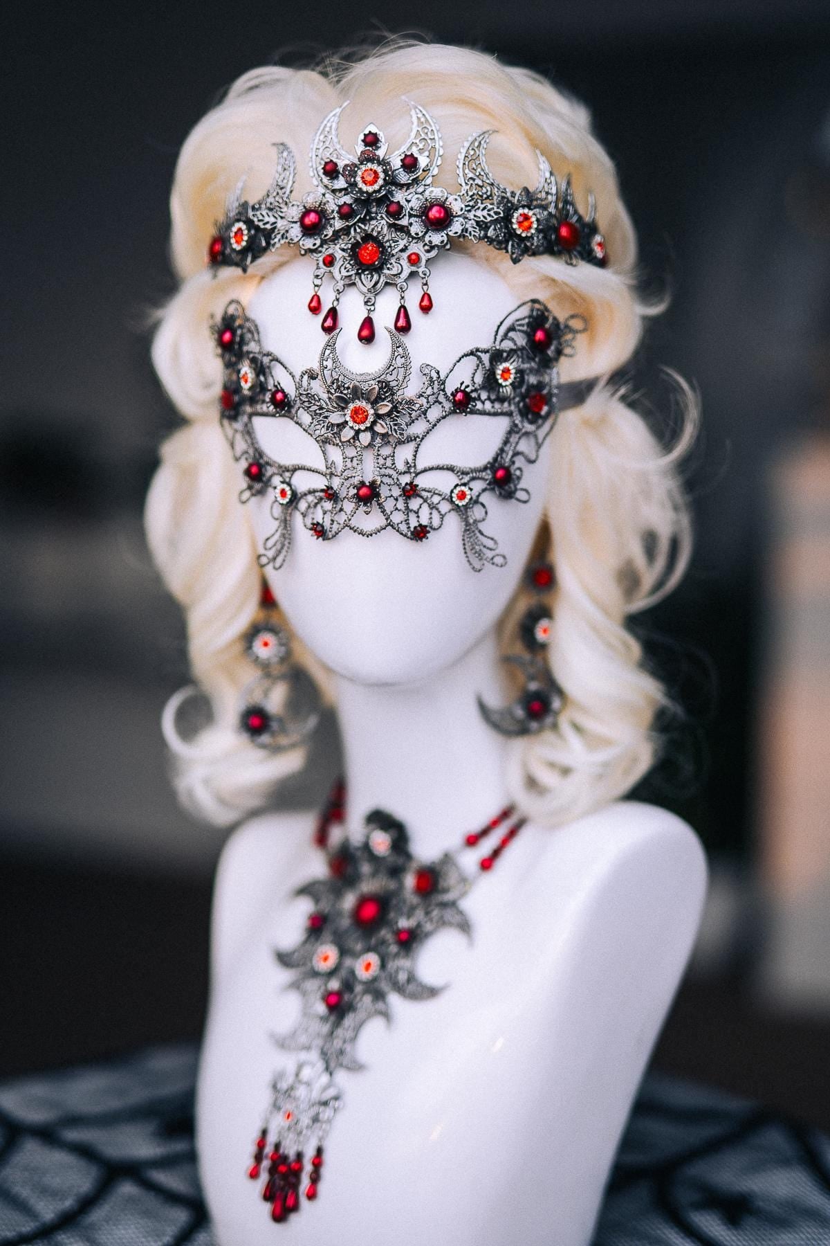 Vampire Necklace, Gothic Crescent Moon Statement Necklace, Red Vampire Jewelry, Halloween Costume Accessory