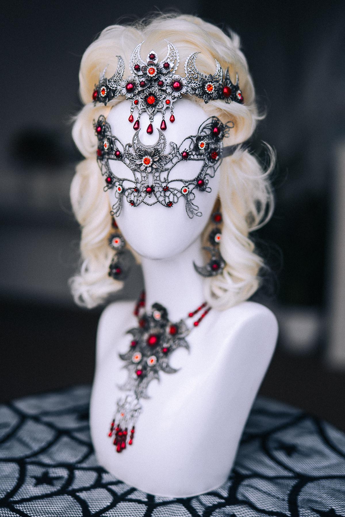 Vampire Necklace, Gothic Crescent Moon Statement Necklace, Red Vampire Jewelry, Halloween Costume Accessory