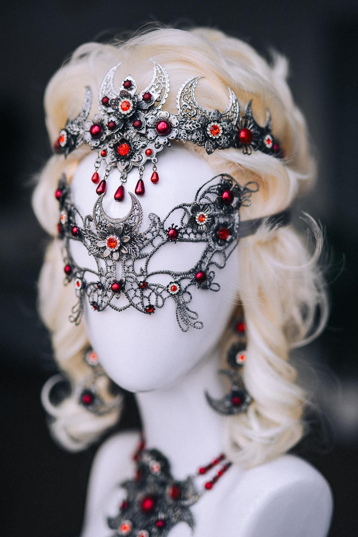 Vampire Masquerade Mask, Gothic Silver and Red Mask, Crescent Moon Vampire Mask, Halloween Costume Accessory
