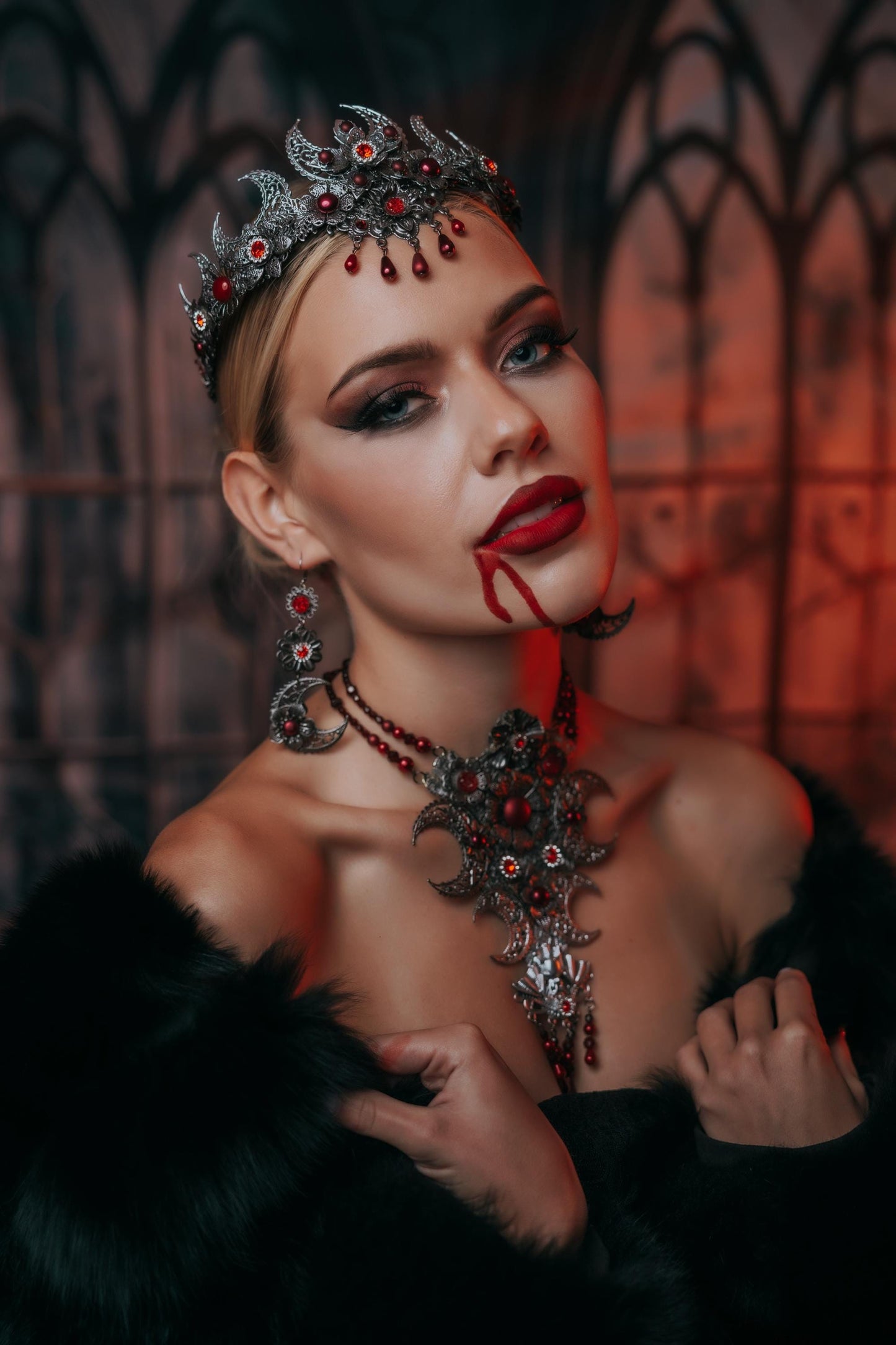 Vampire Queen Crown, Gothic Crescent Moon Crown, Red and Silver Headpiece, Halloween Vampire Costume