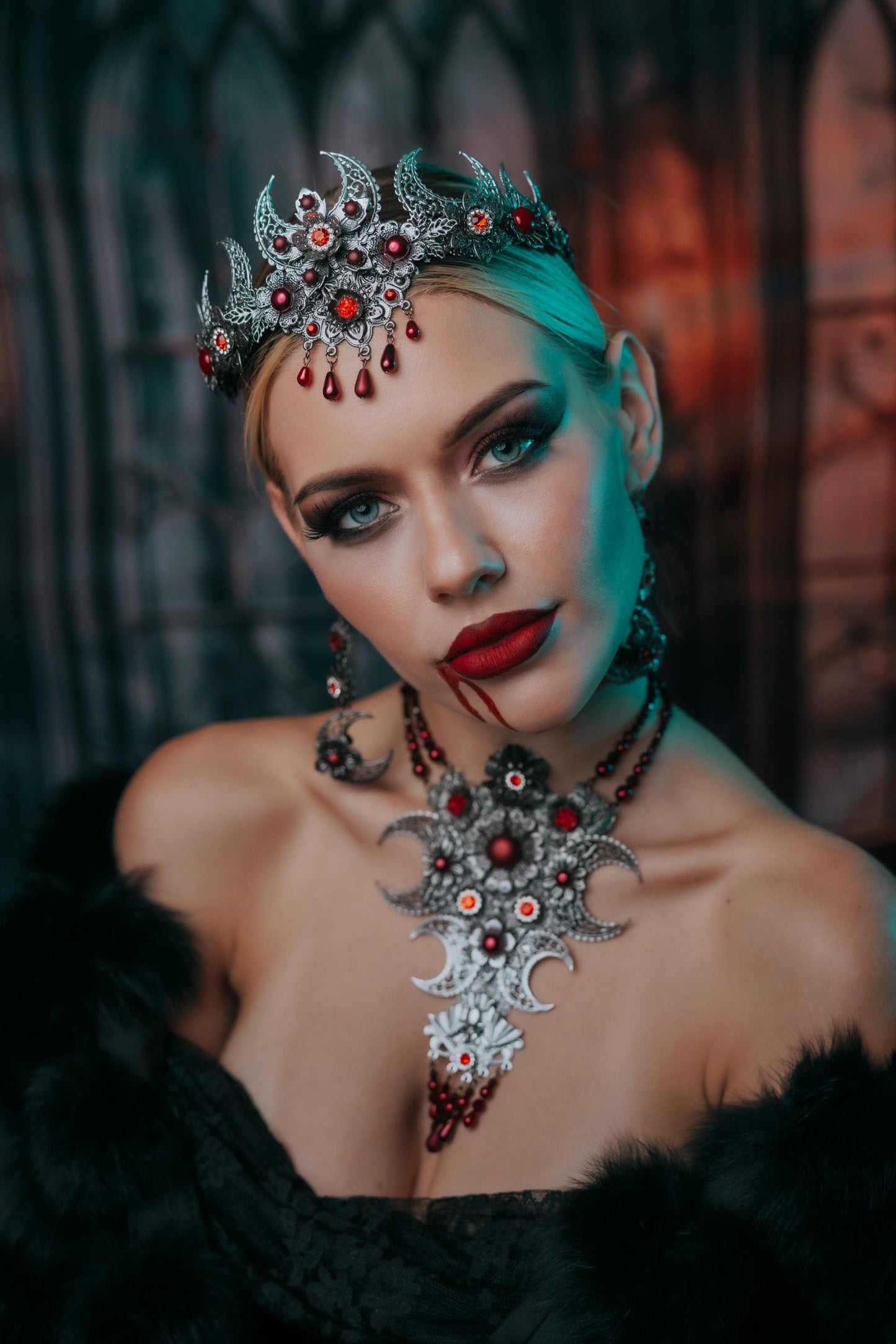 Vampire Queen Crown, Gothic Crescent Moon Crown, Red and Silver Headpiece, Halloween Vampire Costume
