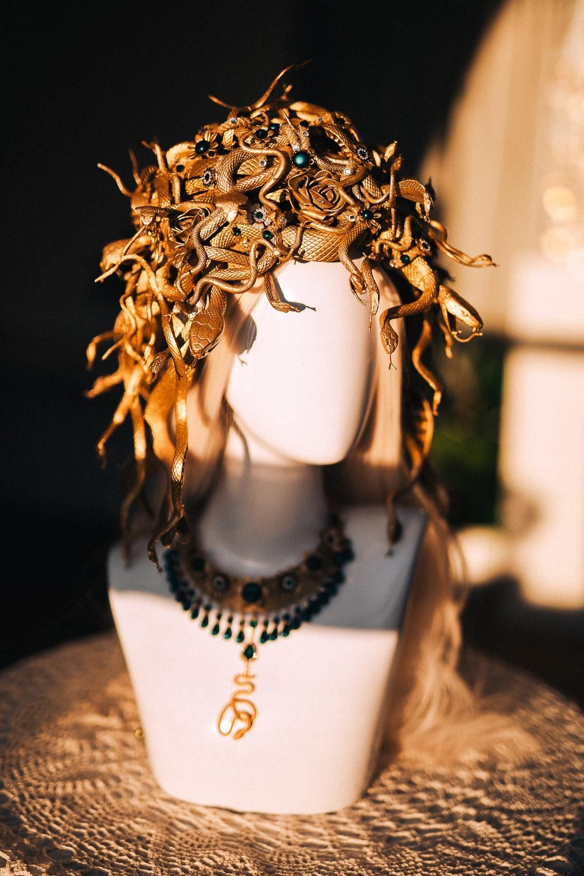 Medusa Snake Arm Cuffs, Gold Serpent Upper Arm Bracelets, Greek Goddess Jewelry, Medusa Costume Accessories, Emerald Snake Jewelry