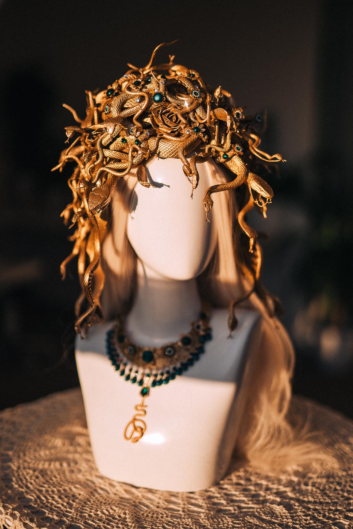Medusa Snake Necklace, Emerald Serpent Necklace, Gold Greek Goddess Jewelry, Medusa Costume Necklace, Mythology Statement Jewelry