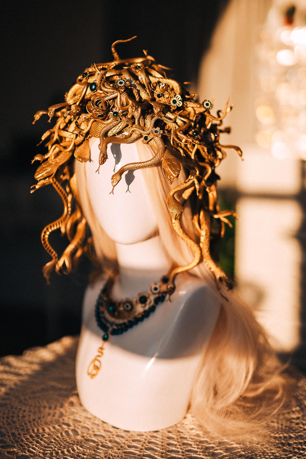Medusa Snake Necklace, Emerald Serpent Necklace, Gold Greek Goddess Jewelry, Medusa Costume Necklace, Mythology Statement Jewelry