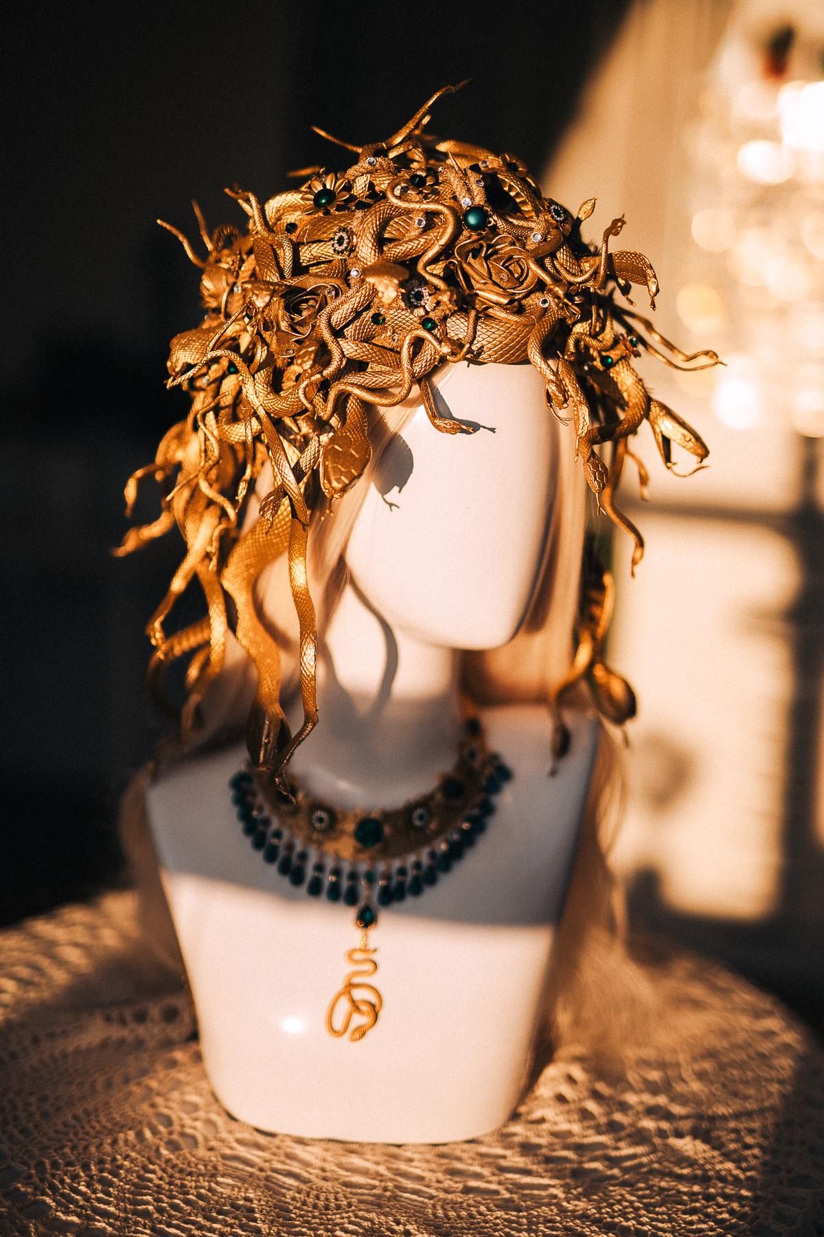 Medusa Snake Necklace, Emerald Serpent Necklace, Gold Greek Goddess Jewelry, Medusa Costume Necklace, Mythology Statement Jewelry