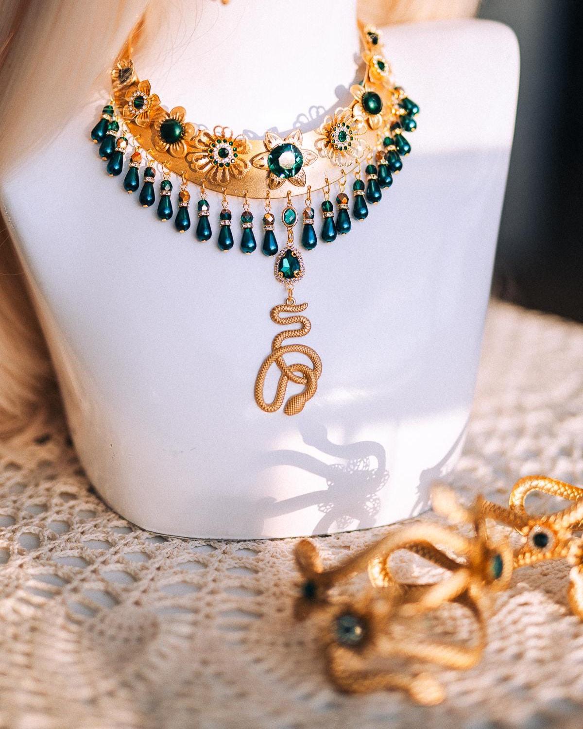 Medusa Snake Necklace, Emerald Serpent Necklace, Gold Greek Goddess Jewelry, Medusa Costume Necklace, Mythology Statement Jewelry