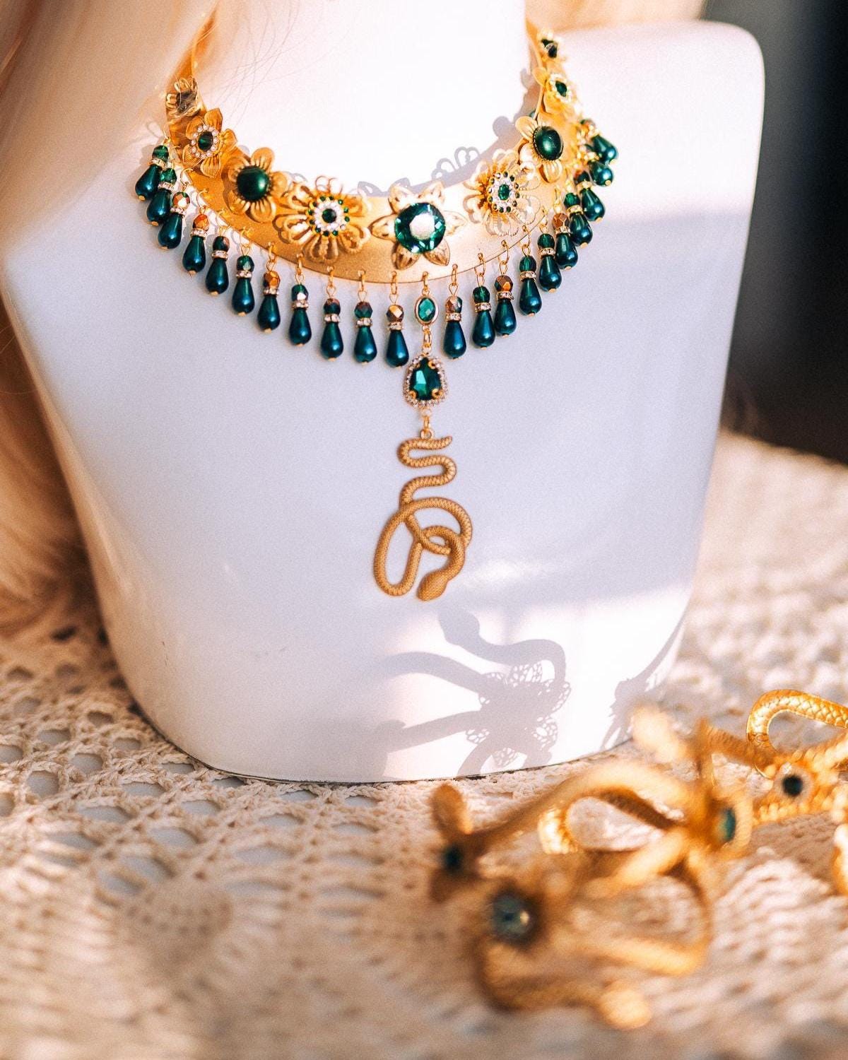 Medusa Snake Necklace, Emerald Serpent Necklace, Gold Greek Goddess Jewelry, Medusa Costume Necklace, Mythology Statement Jewelry