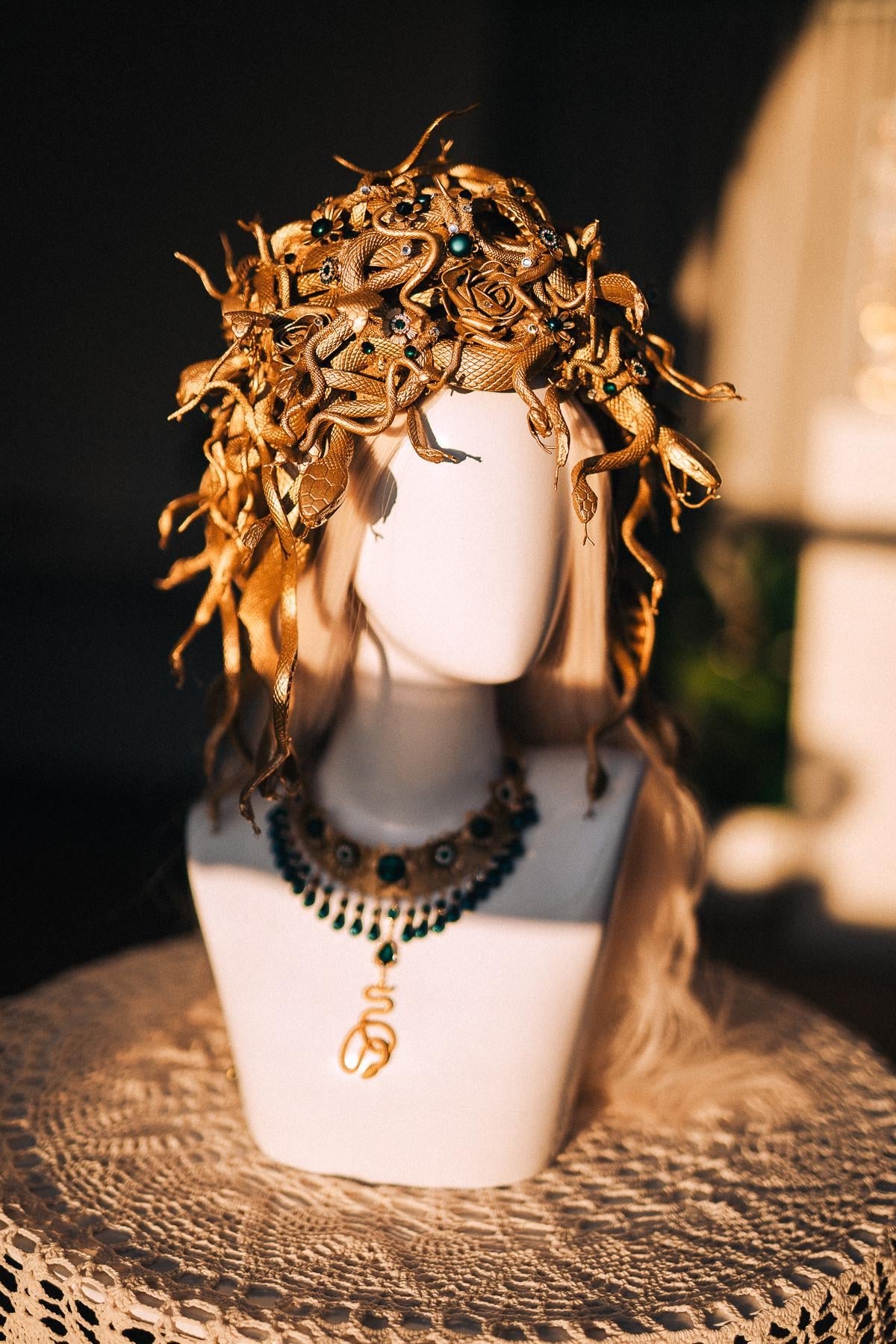 Medusa Snake Headpiece, Medusa Headdress, Gold Serpent Headpiece, Snake Hair Crown, Greek Goddess Costume, Emerald Medusa Set
