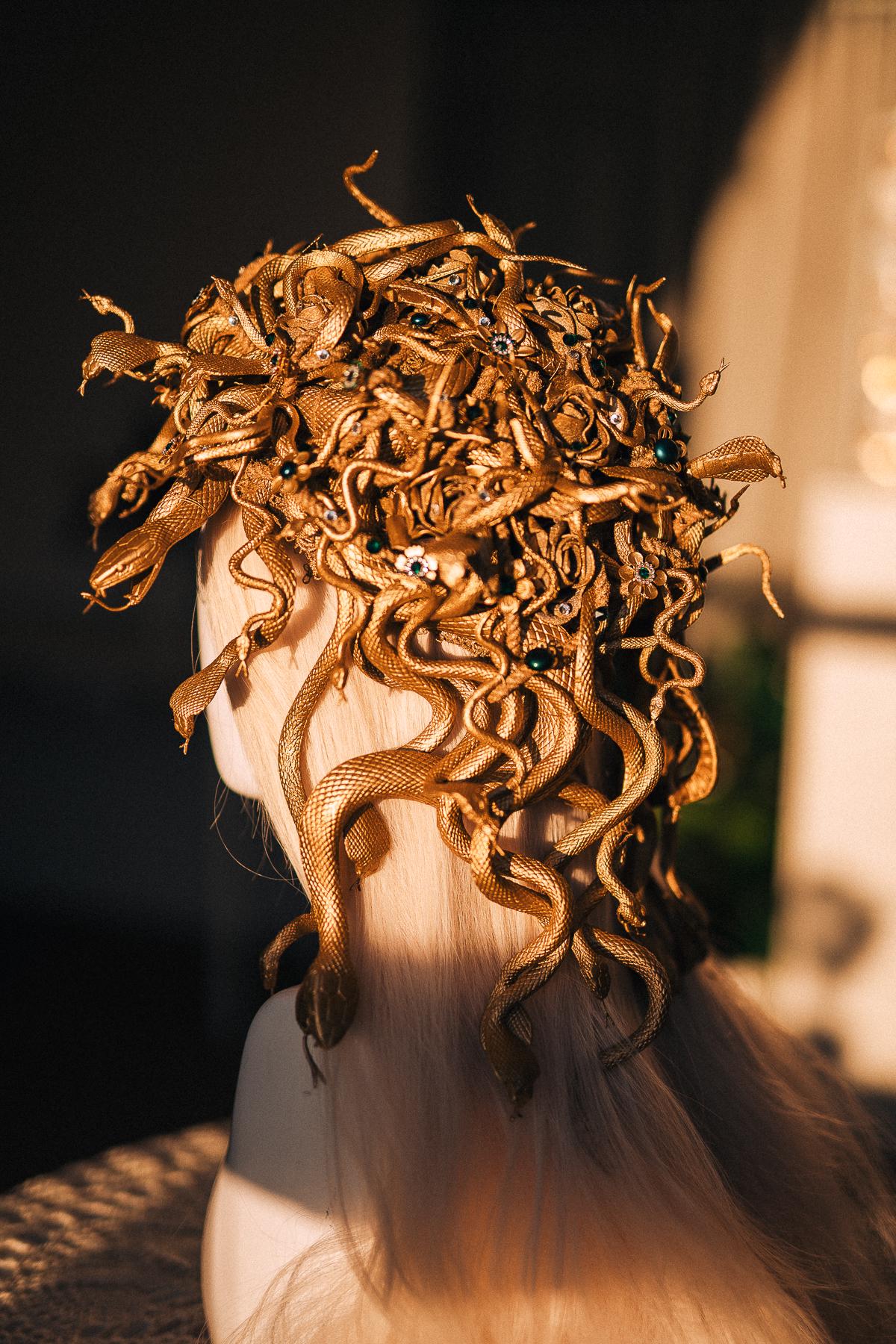 Medusa Snake Headpiece, Medusa Headdress, Gold Serpent Headpiece, Snake Hair Crown, Greek Goddess Costume, Emerald Medusa Set